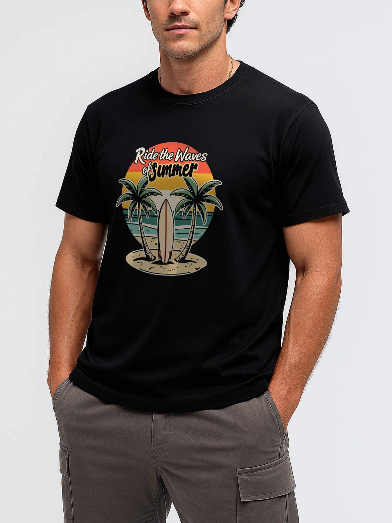 RTTMALL Caribbean Island Beach Printed Cotton T-Shirt for Men with Palm Tree Geometric Wax Print Casual Summer Tee