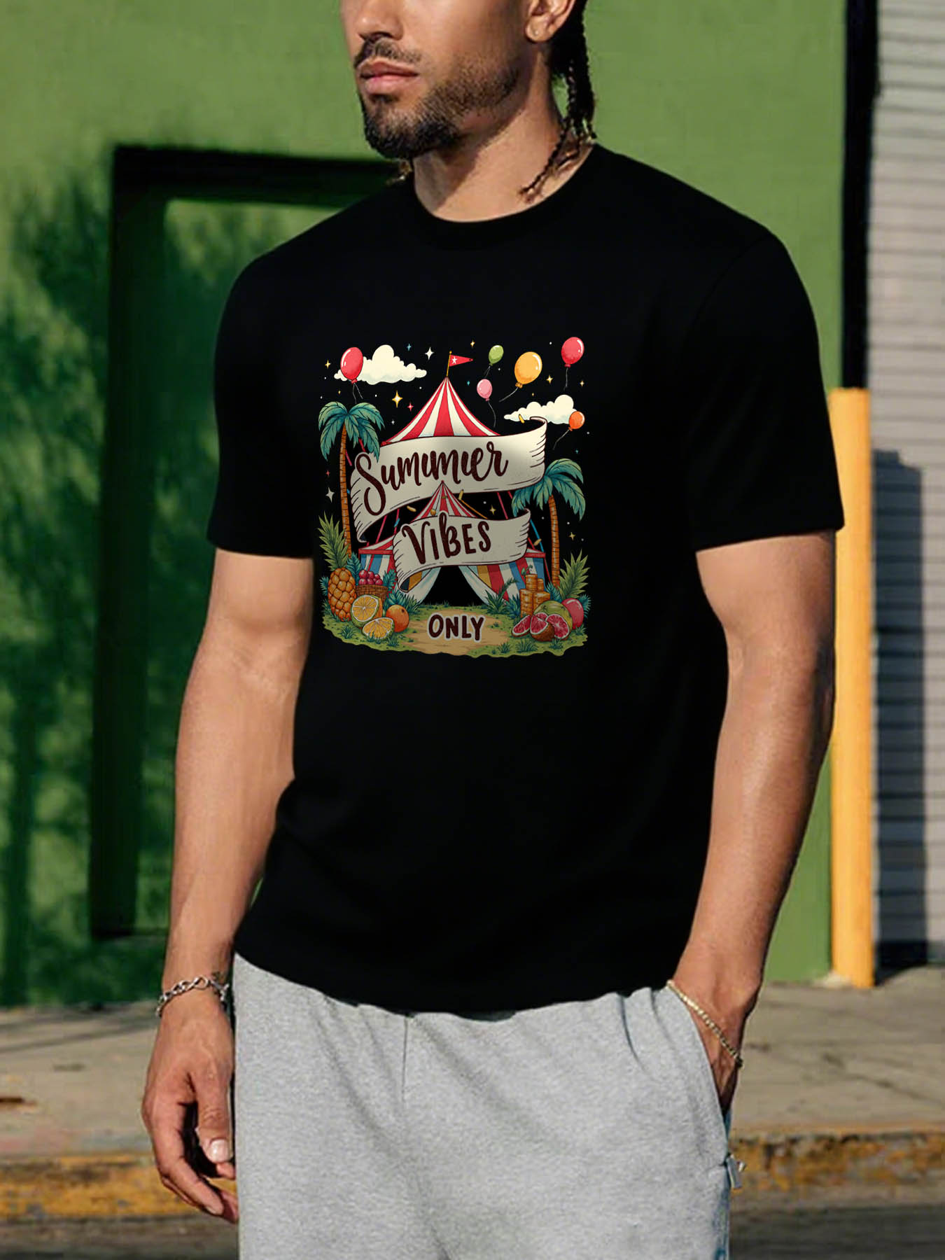 Men's RTTMALL Printed Cotton T-Shirt, Caribbean Beach Island Casual Summer Graphic Tee