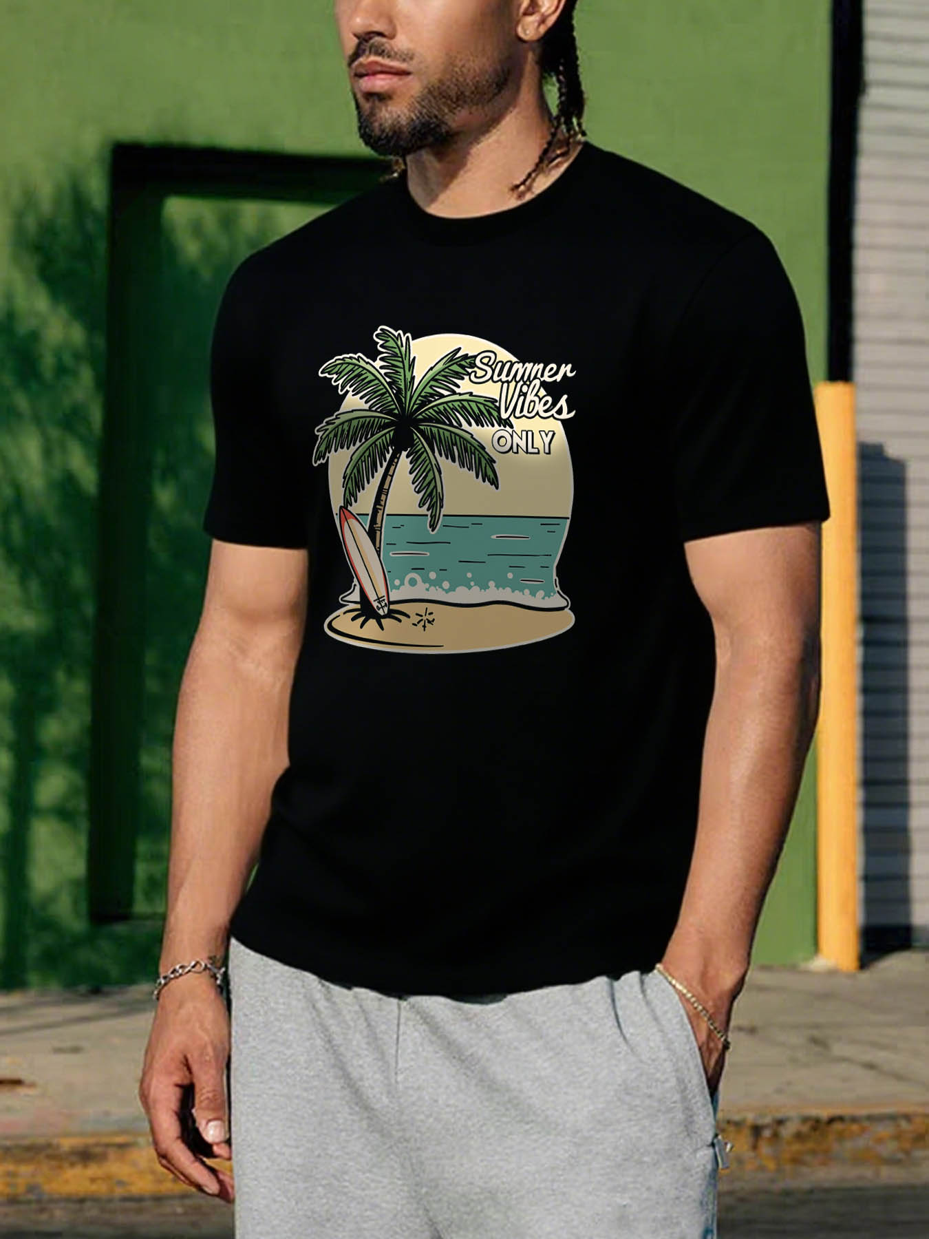 RTTMALL Caribbean Island Beach Palm Tree Print Casual Cotton T-Shirt for Men, Machine Washable Summer Golf Tee