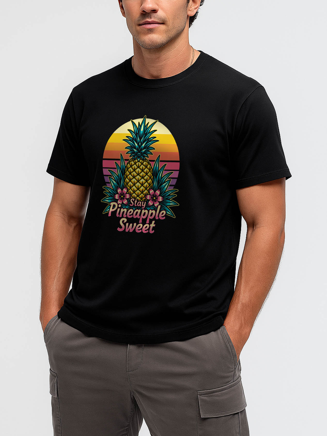 Men's 100% Cotton Vintage Street Style Pineapple RTTMALL Printed T-Shirt for Caribbean Beach Summer Casual Wear