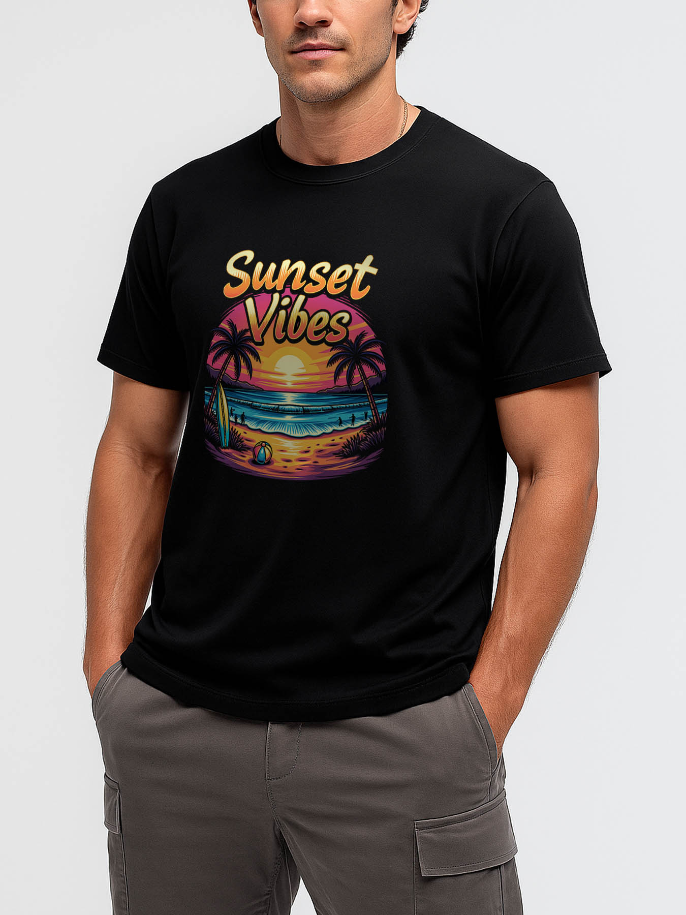 Men's 100% Cotton RTTMALL T-Shirt, Lightweight Breathable Washable Casual Printed Tee with Caribbean Beach Sunset Print, Perfect for Running, Basketball, Gym Workouts, Beach Trips & Summer Island Getaways
