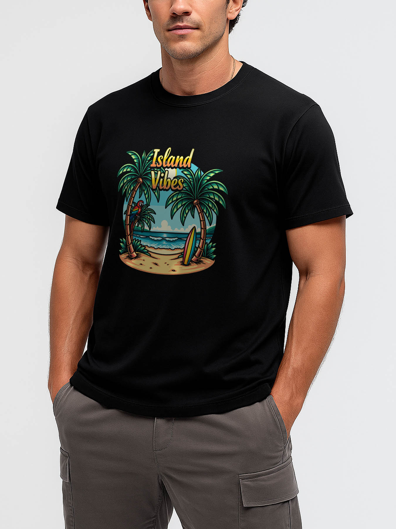 RTTMALL Caribbean Island Palm Print Casual Breathable Quick-Dry 100% Cotton Beach T-Shirt for Men