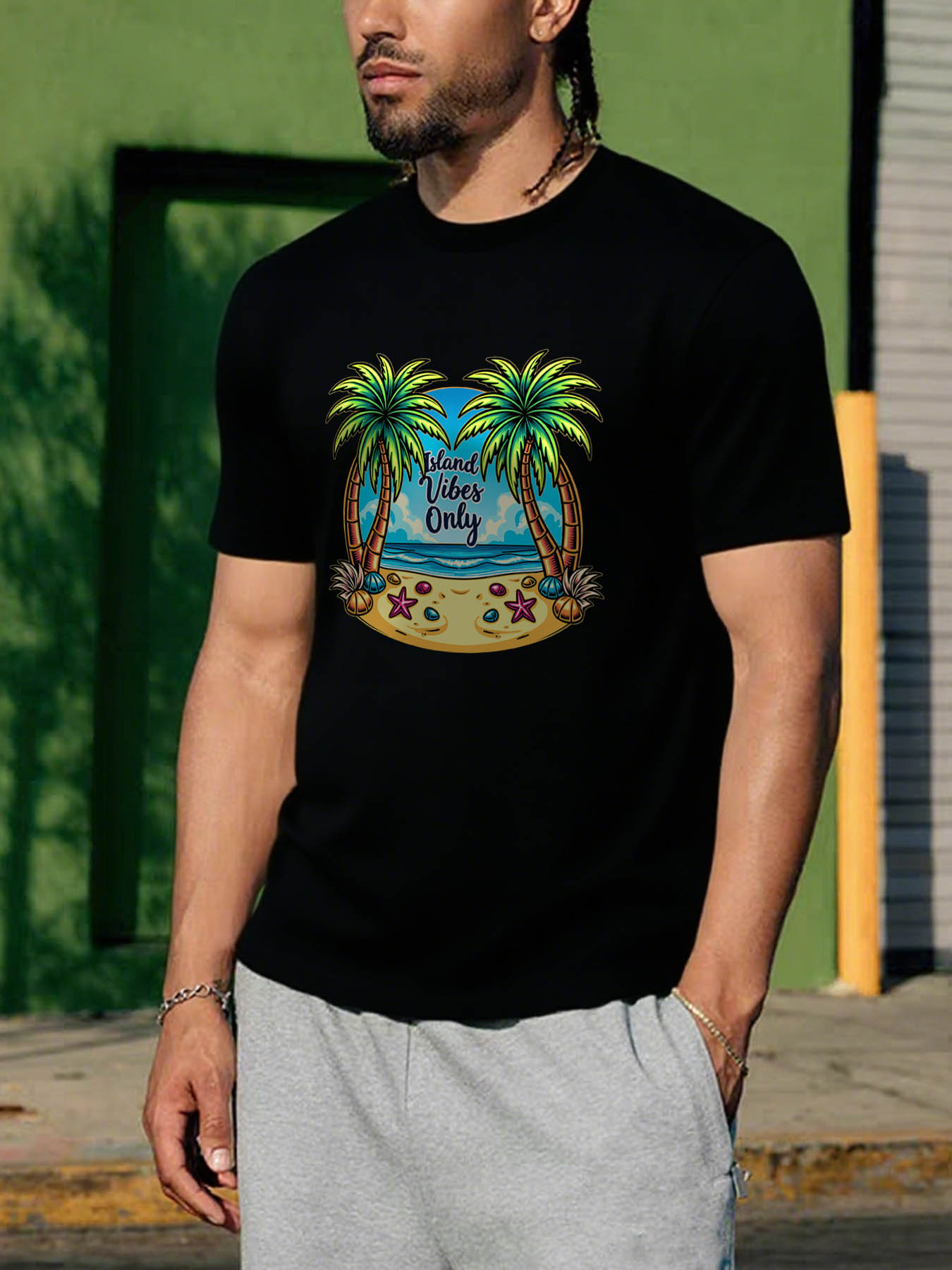 RTTMALL Caribbean Beach Palm Tree Printed Casual Cotton Quick-Dry T-Shirt for Men