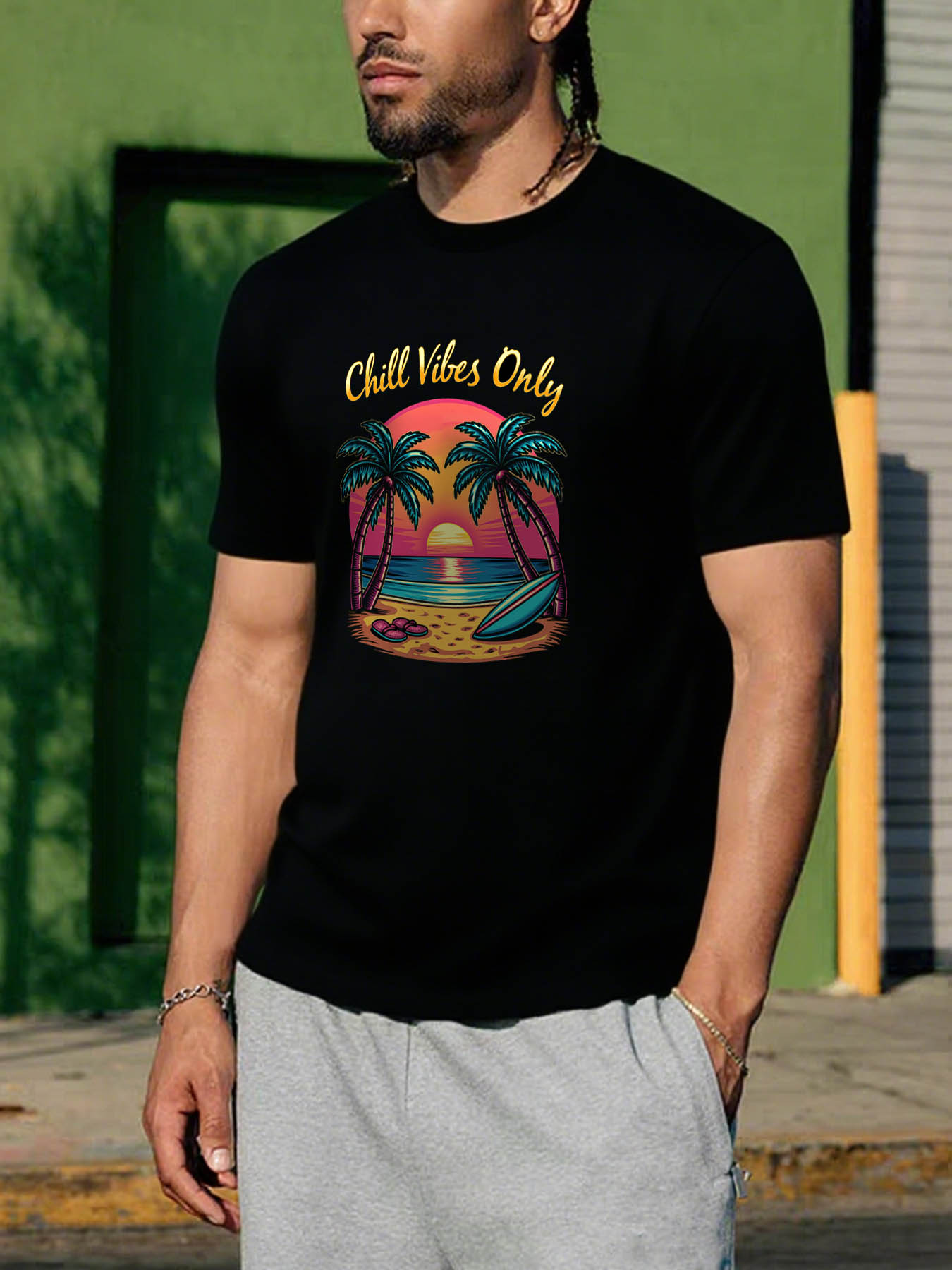 RTTMALL Caribbean Palm Sunset Print Casual Cotton T-Shirt for Men, Machine Washable Summer Beach Island Tee