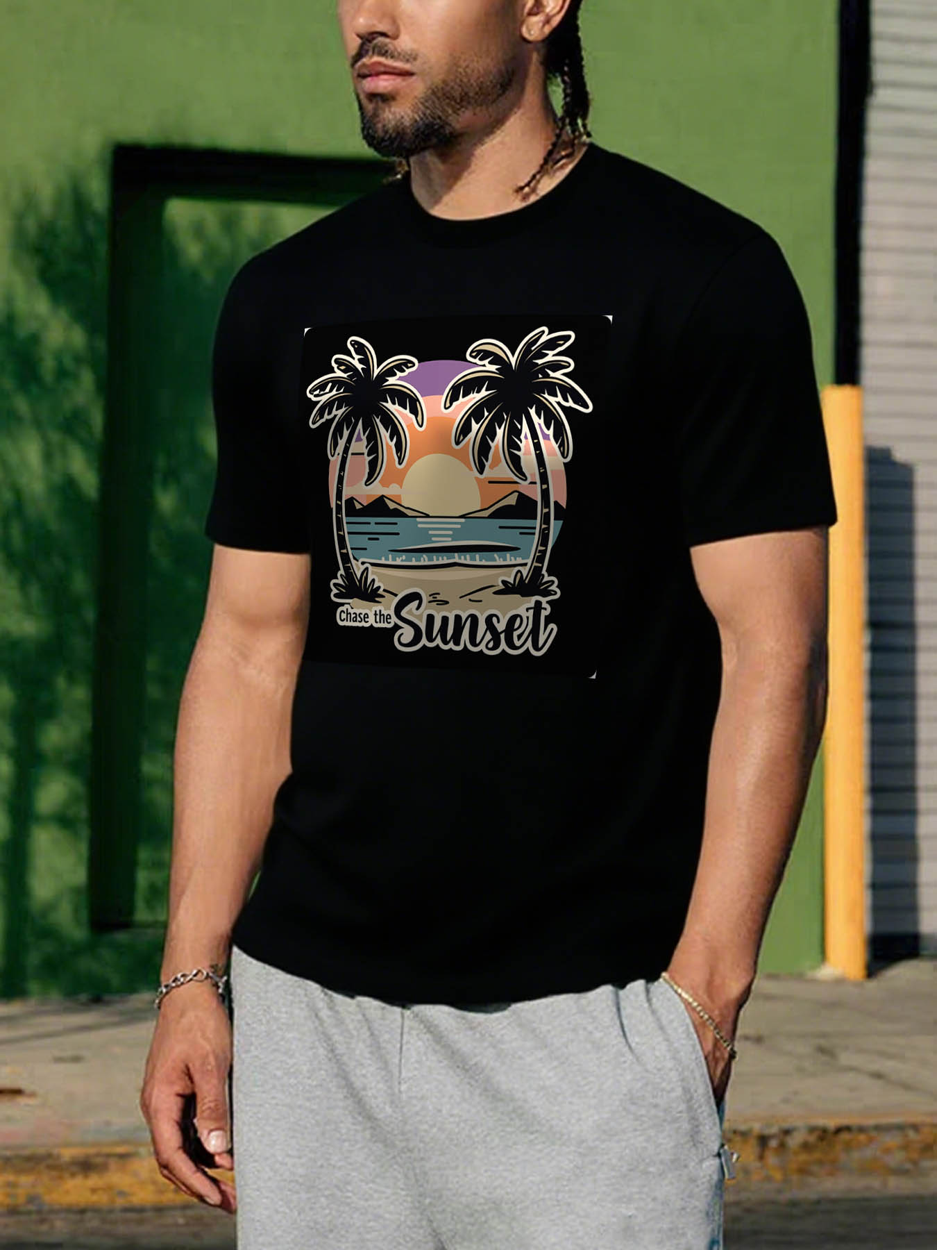 Men's RTTMALL Printed Cotton T-Shirt, Casual Beach Island Palm Tree Sunset Graphic Tee for Summer Caribbean Vacation, Comfortable & Machine Washable for Workout Basketball Outdoor Activities