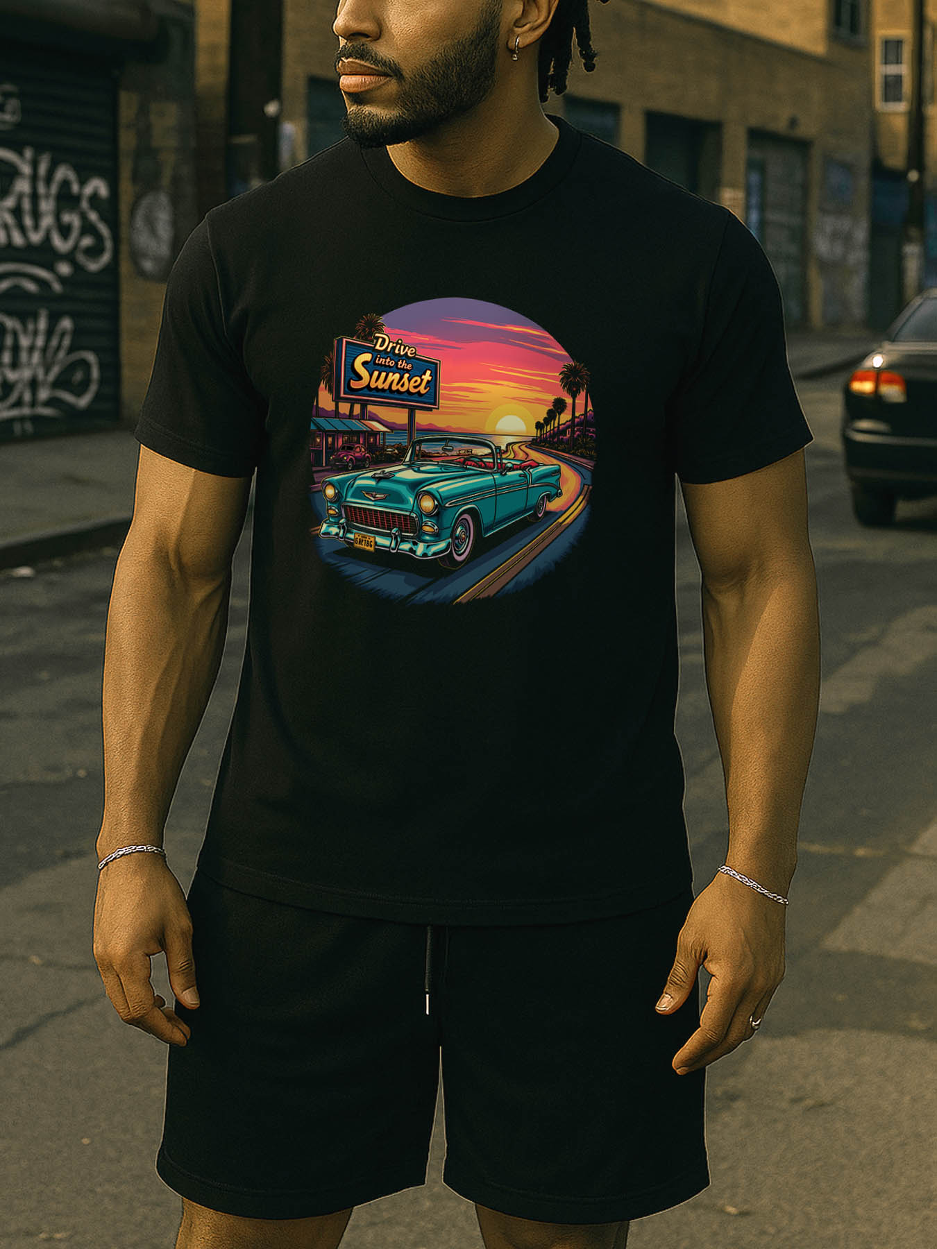 Caribbean RTTMALL Printed Cotton T-Shirts for Men, Beach Island Casual Summer Tees with Classic Car Graphic