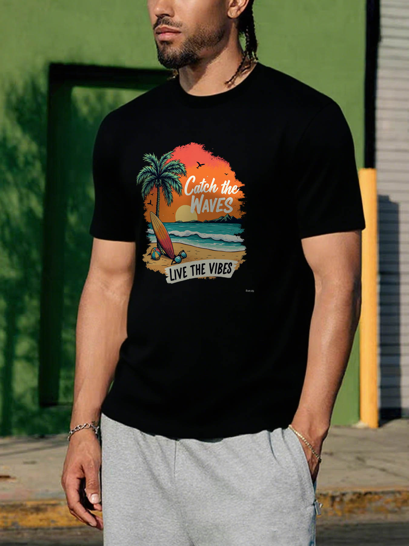 Men's 100% Cotton RTTMALL T-Shirt, Beach Print Breathable Casual Summer Tee with Caribbean Island Vibes, Machine Washable