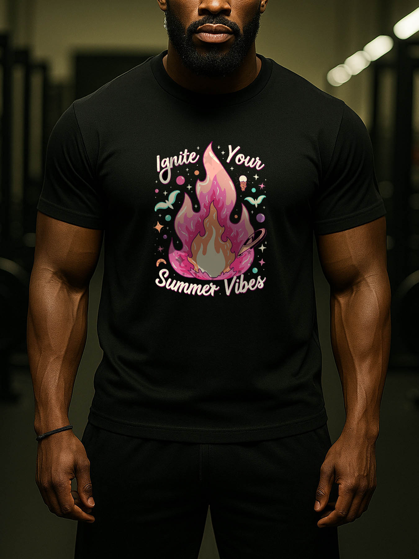 RTTMALL Men's Slim Fit Casual Cotton T-Shirt with Pink Flames Print, Caribbean Beach Island Summer Graphic Tee