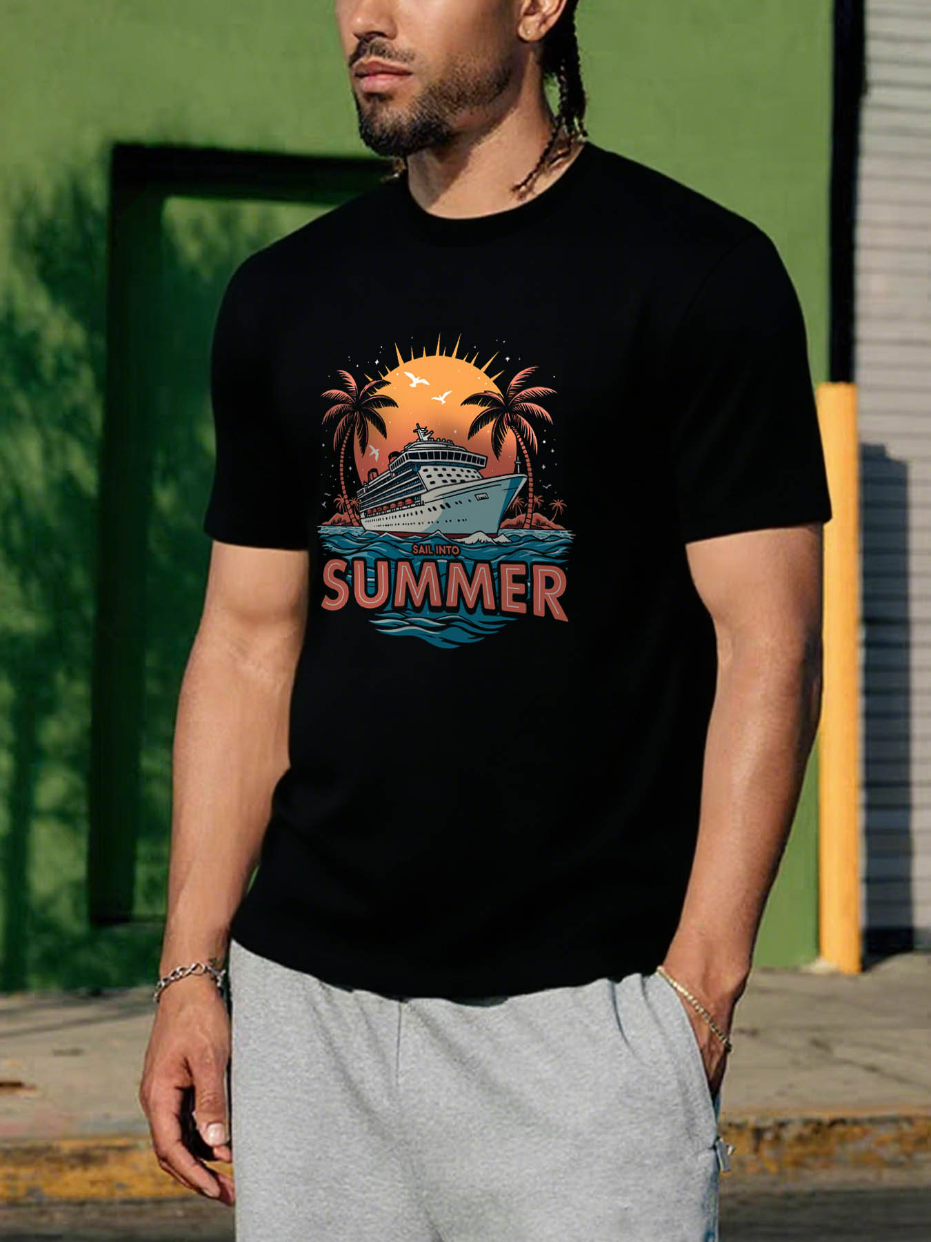 1 RTTMALL Caribbean Palm Beach Printed Casual Cotton T-Shirts for Men