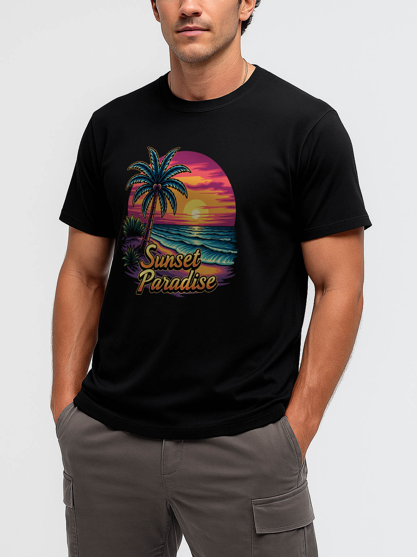 Men's Casual 100% Cotton RTTMALL T-Shirt, Breathable Lightweight Island Beach Palm Sunset Print Summer Tees for Caribbean Beach Outdoor Activities