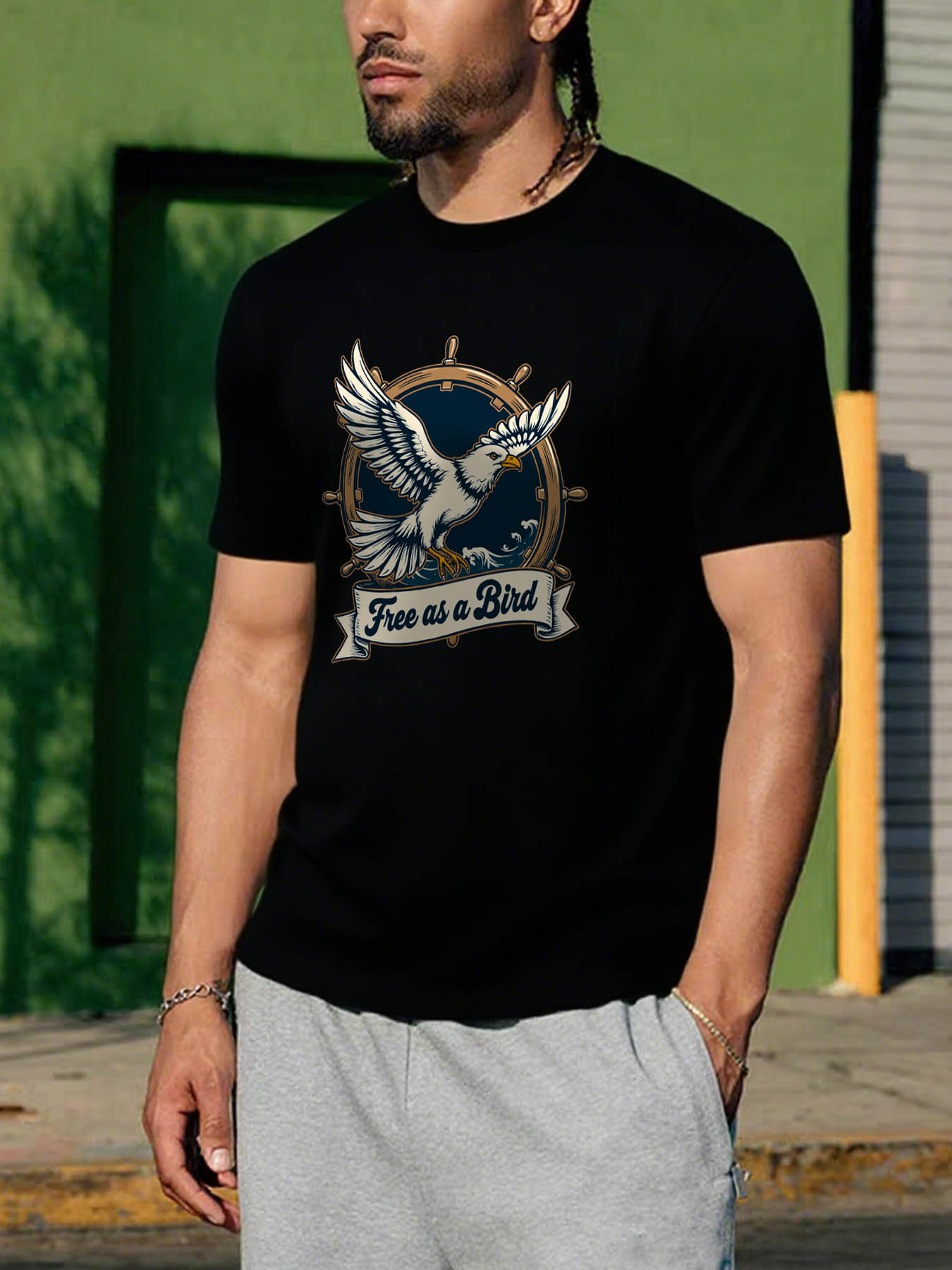 RTTMALL Men's 100% Cotton T-Shirt with Navy Blue Caribbean Island Bird Print Casual Summer Beach Tee