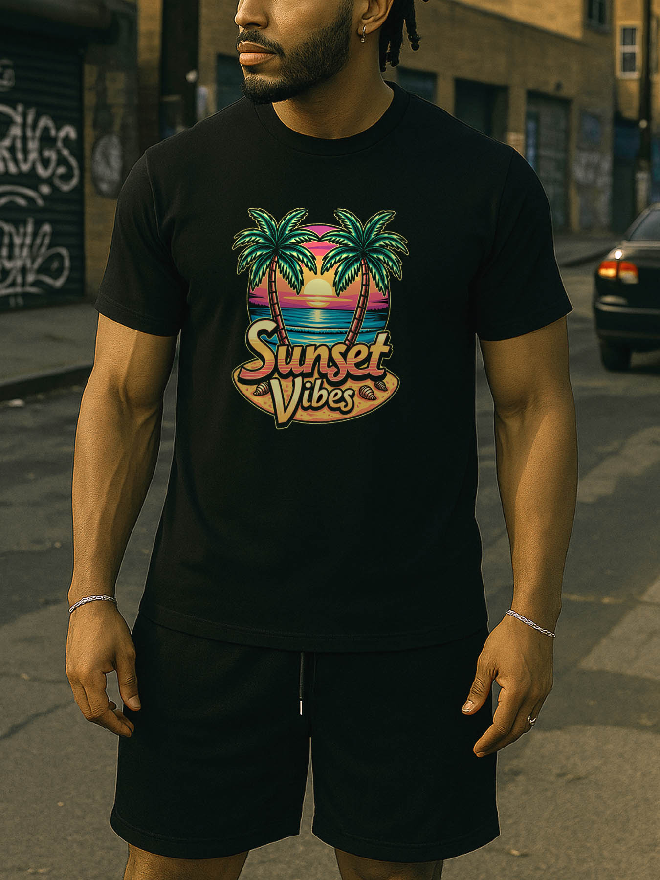 RTTMALL Men's 100% Cotton Graphic Tees, Palm Tree Sunset Beach Print, Casual Crewneck Short Sleeve T-Shirts for Caribbean Island, Beach, Golf & Summer Outdoor Wear