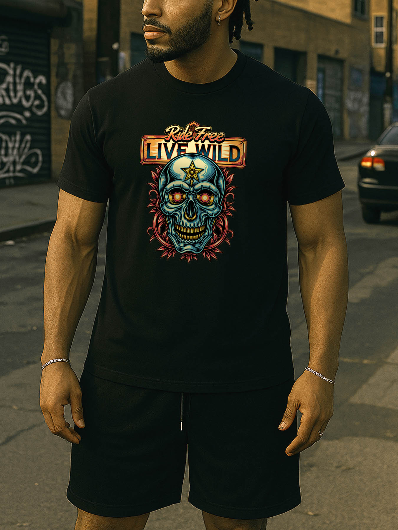 RTTMALL Caribbean Vacation Beach Printed Cotton Casual T-Shirts for Men, Vintage Skull Streetwear Summer Graphic Tees