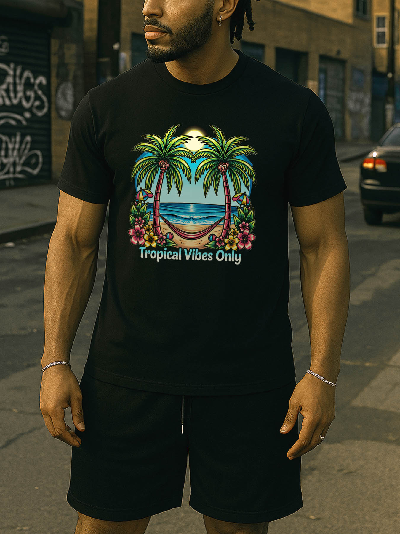 RTTMALL Caribbean Palm Tree Printed 100% Cotton Casual Beach Summer T-Shirt for Men