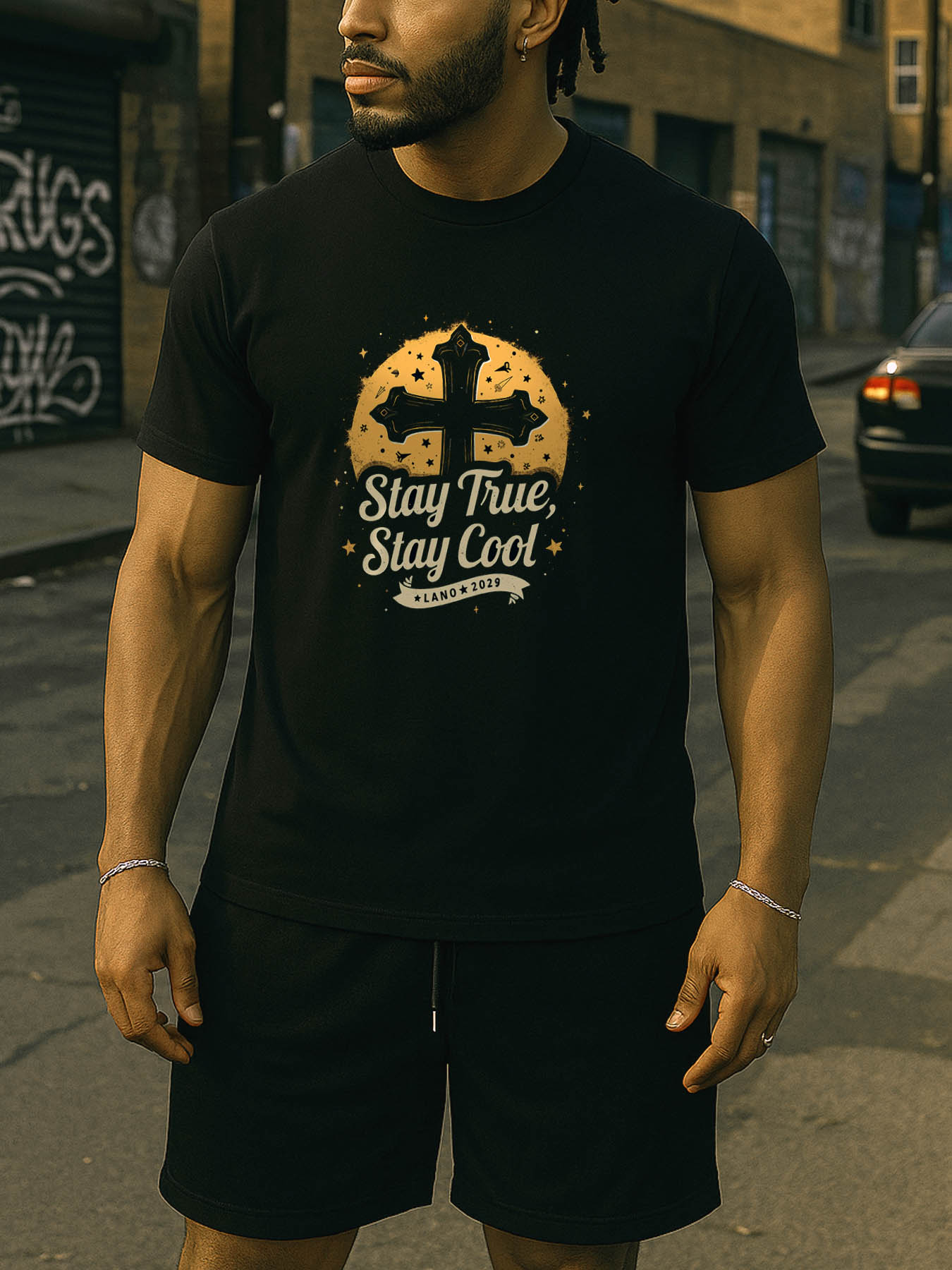Men's 100% Cotton Printed T-shirt, Vintage Black Cross RTTMALL Caribbean Beach Casual Summer Tee with Stretchy Comfort Fabric