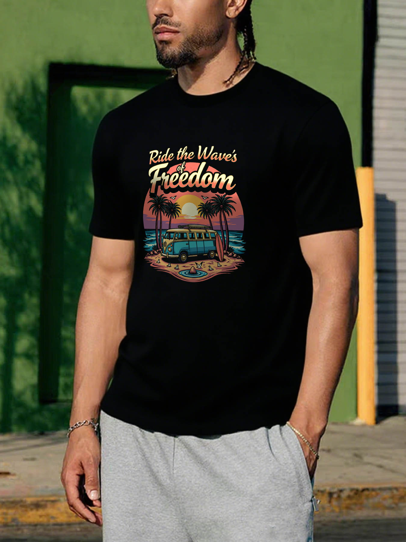 RTTMALL Caribbean Island Beach Print Men's Casual Cotton T-Shirt Summer Vacation Tees