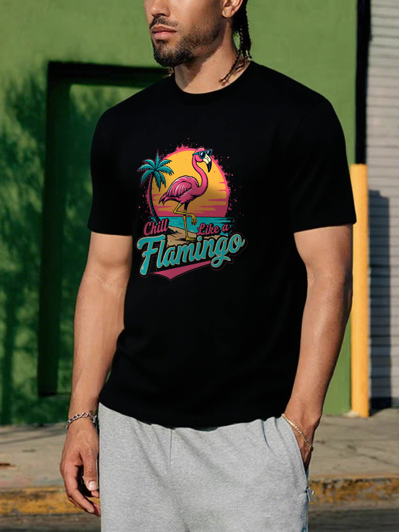 RTTMALL Caribbean Beach Island Palm Print Men's Cotton Casual Summer T-Shirt