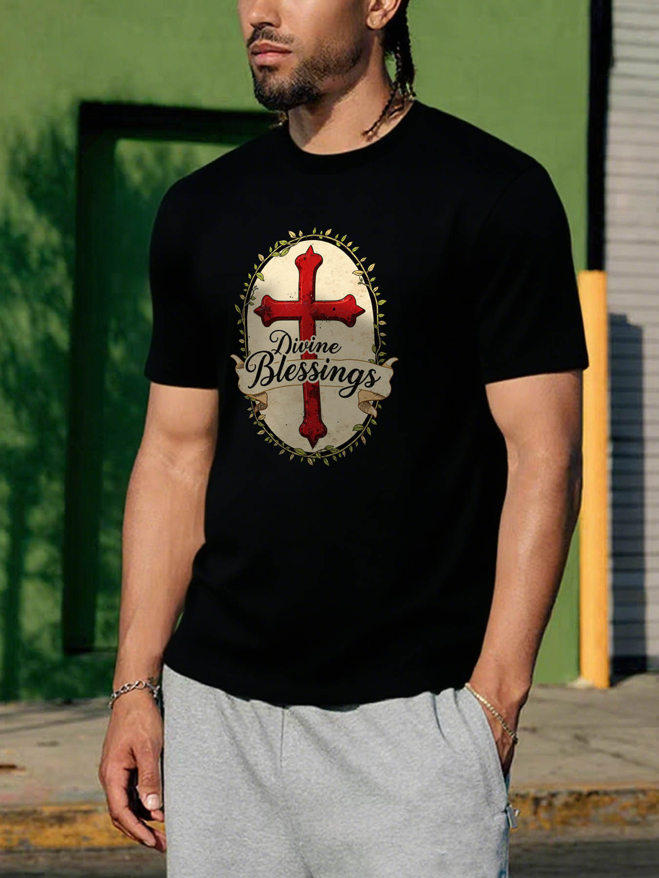 RTTMALL Caribbean Island Beach Casual Printed Cotton T-Shirts for Men, Summer Vacation Graphic Tees with God Bless & Red Cross Pattern