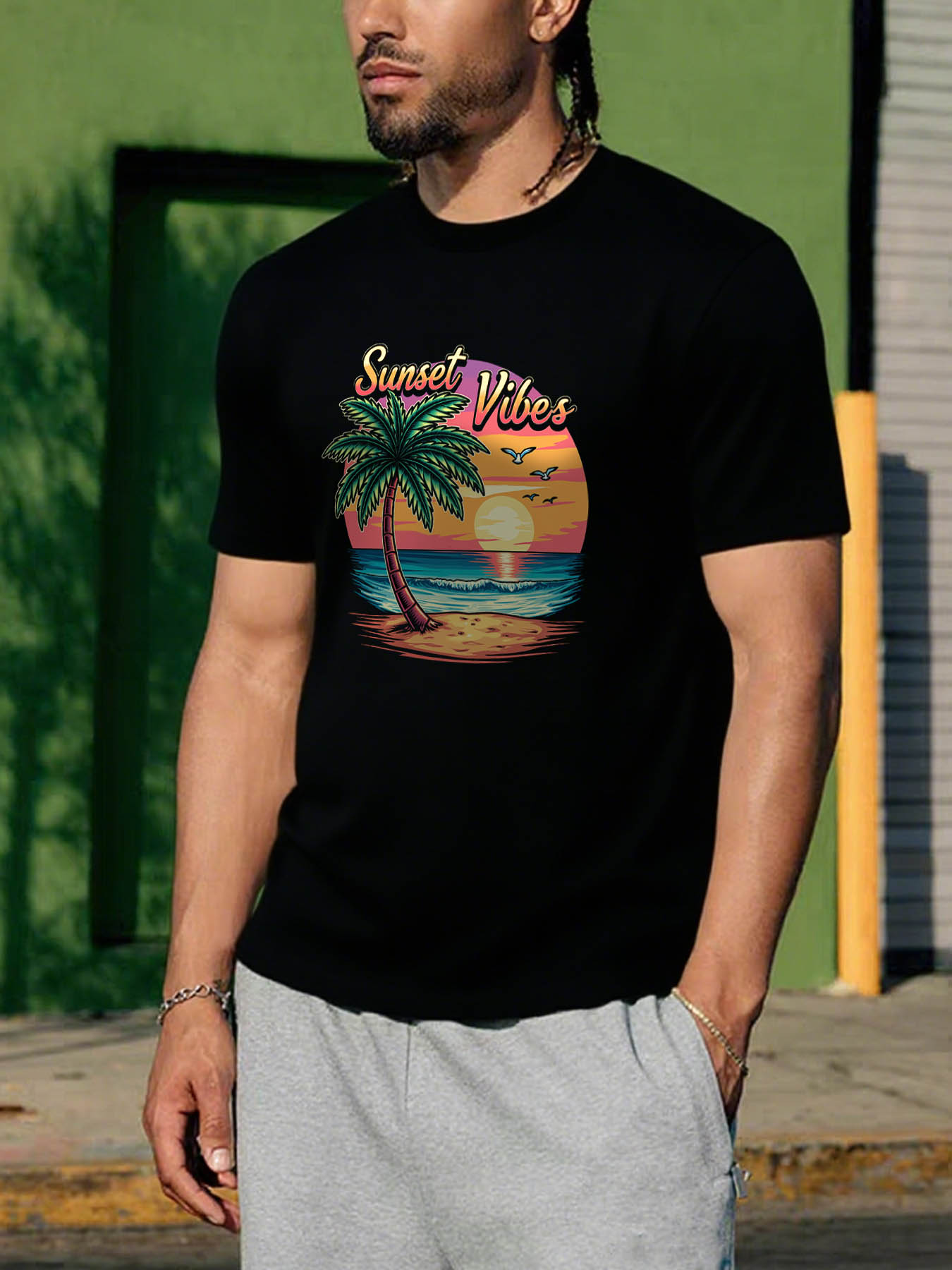 Men's 100% Cotton RTTMALL Printed T-Shirts, Palm Tree Beach Island Casual Crewneck Tees for Caribbean Summer Vacation