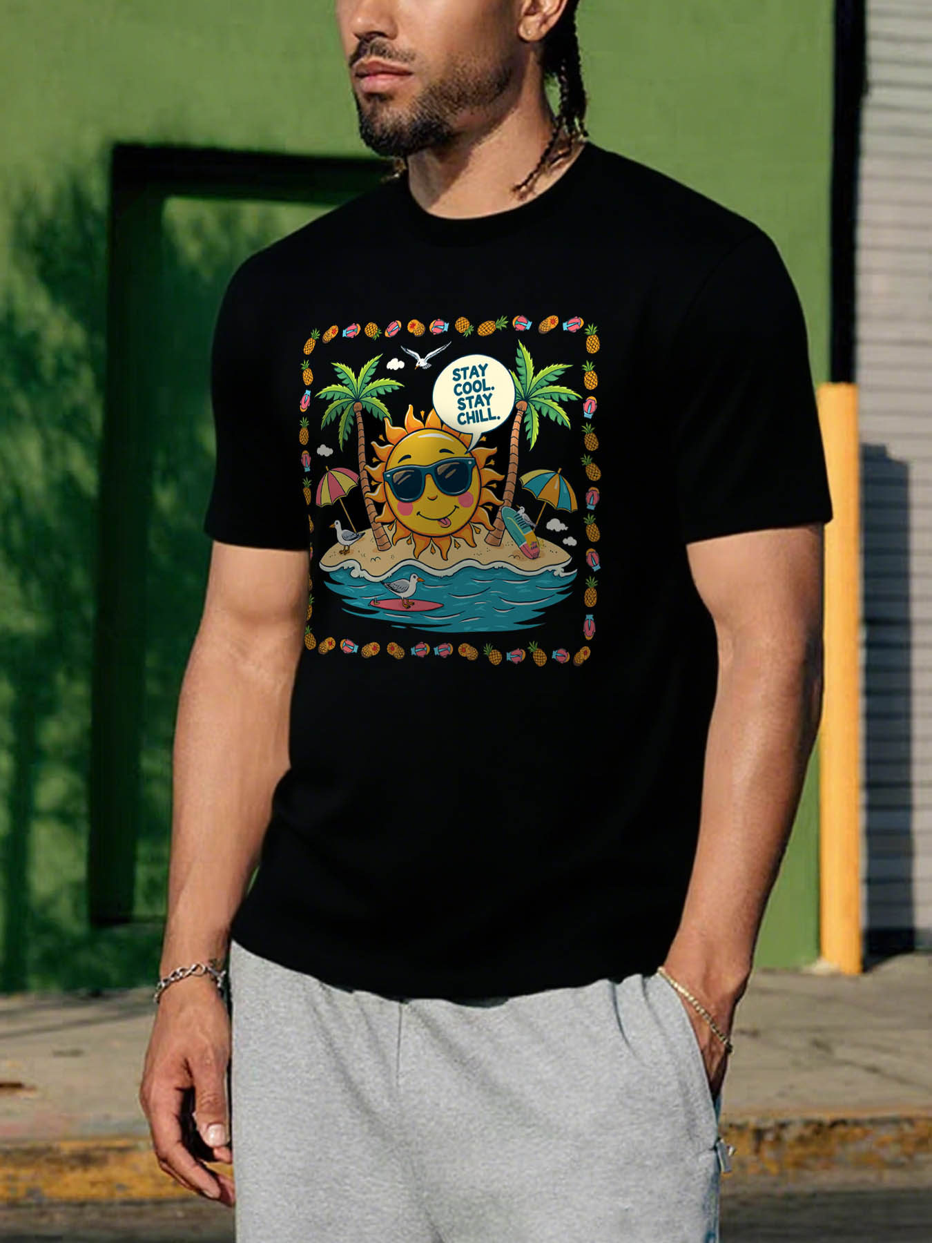 RTTMALL Caribbean Island Beach Palm Print Casual Cotton T-Shirts for Men Summer Vacation Wear