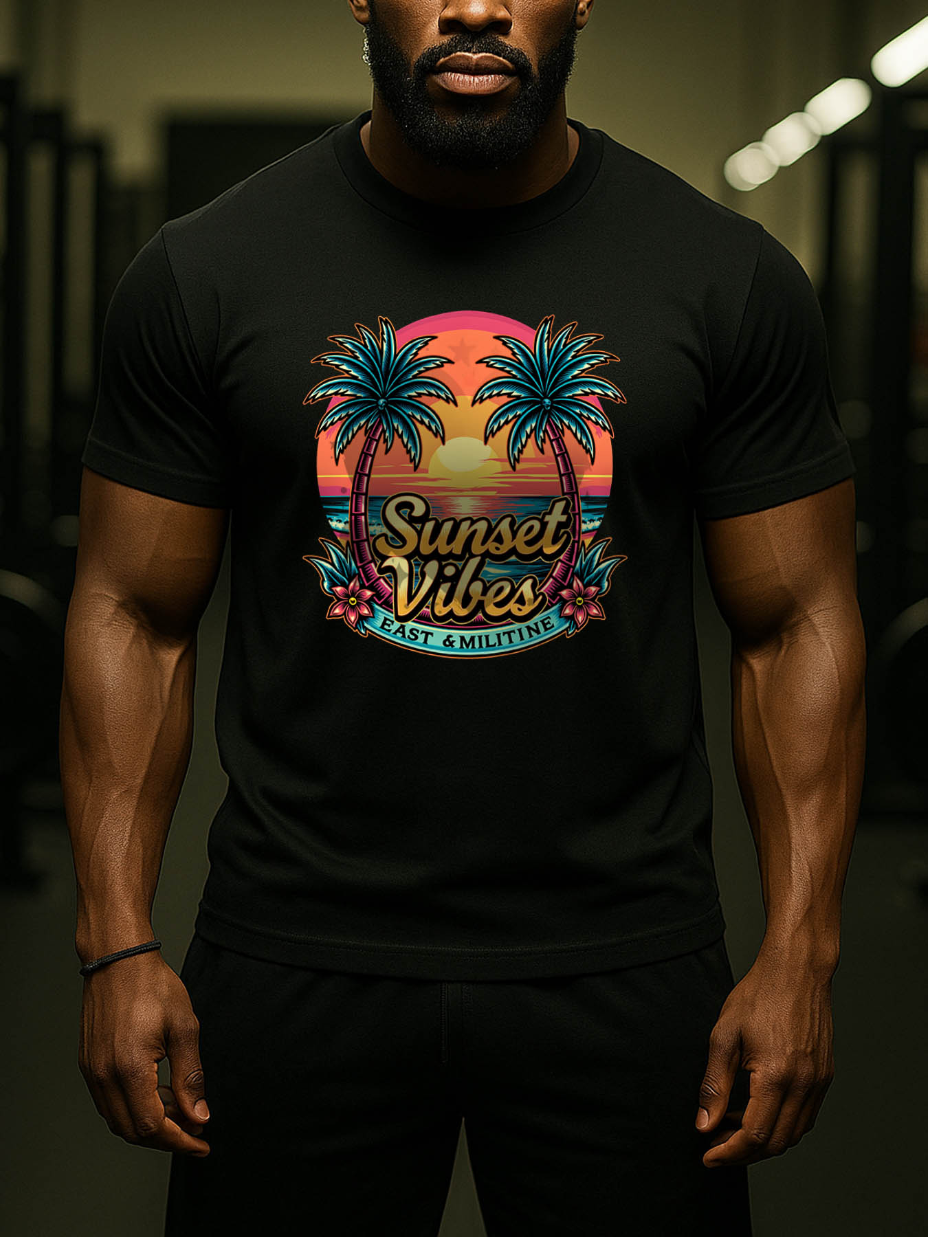Men's 100% Cotton RTTMALL T-Shirts, Loose Fit Casual Beach Tees with Palm Tree Sunset Island Print, Machine Washable Outdoor Summer Tops for Caribbean Coastal Outings