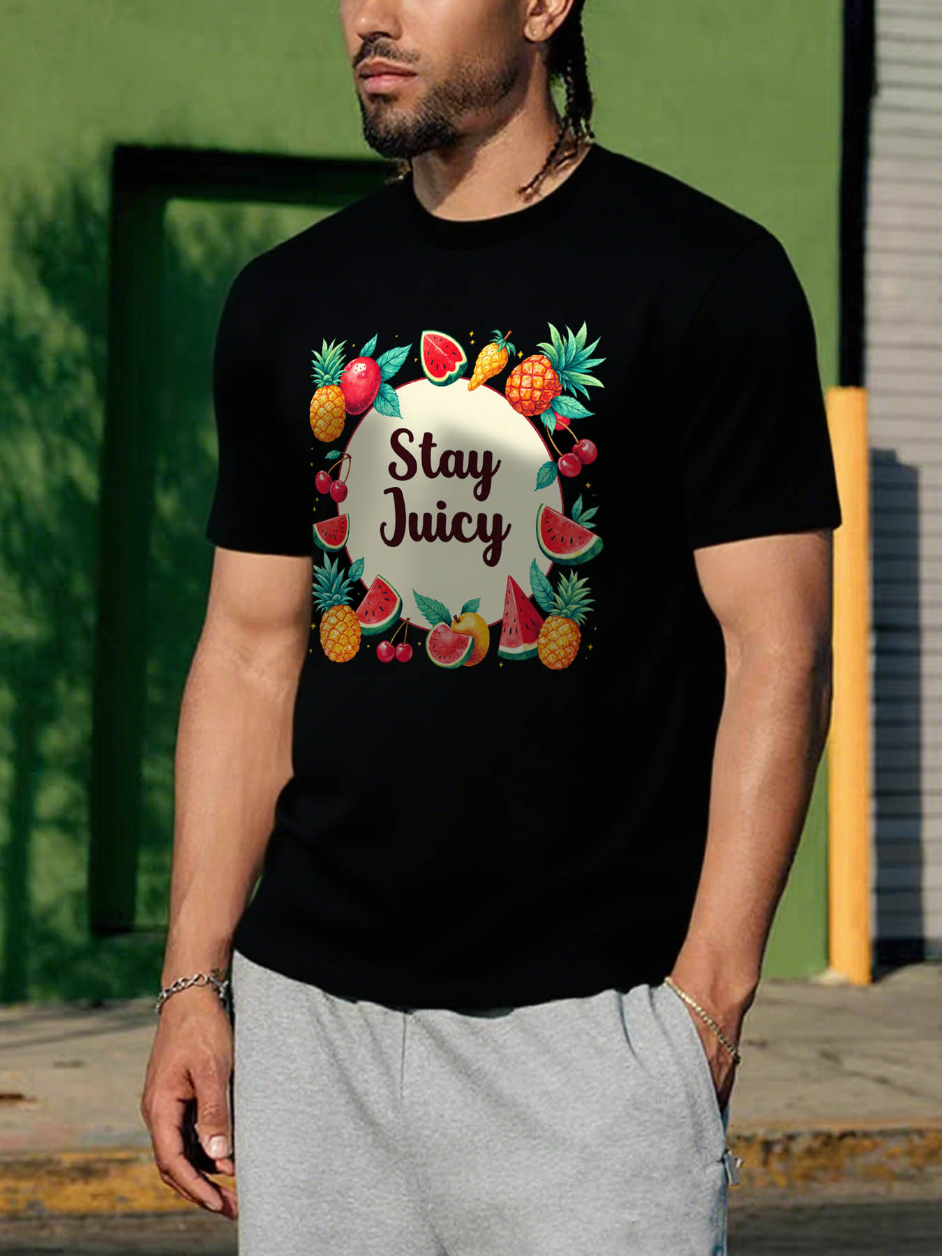 Men's 100% Cotton RTTMALL Printed T-Shirt, Casual Beach Summer Tees with Caribbean Fruit Designs, Machine Washable Comfortable Crewneck Tops