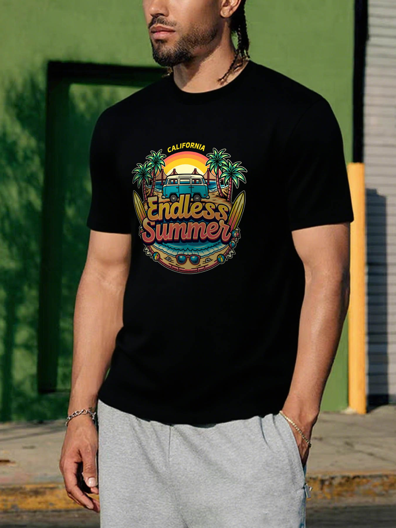 Men's RTTMALL Printed Cotton T-Shirt, Caribbean Beach Island Summer Casual Graphic Tee