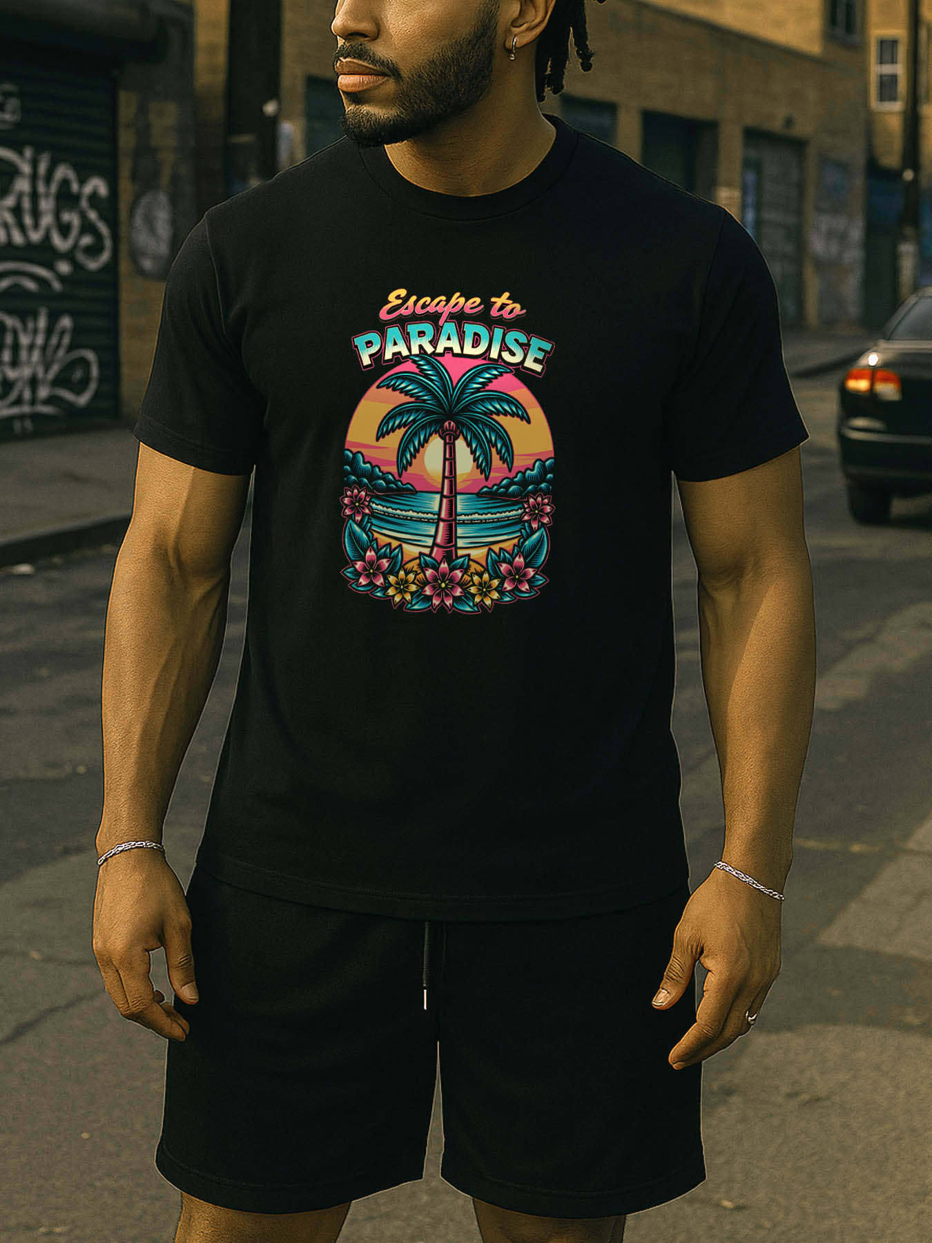 RTTMALL Men's 100% Cotton Printed T-Shirt, Vintage Palm Sunset Beach Caribbean Island Casual Summer Tee, Machine Washable Outdoor Golf Streetwear Tops