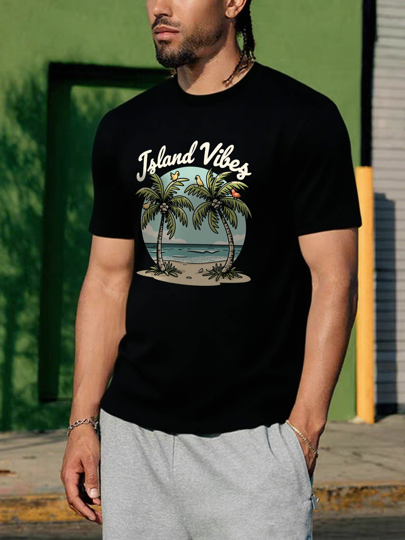 Men's 100% Cotton RTTMALL Printed T-Shirt, Caribbean Island Beach Summer Casual Graphic Tee
