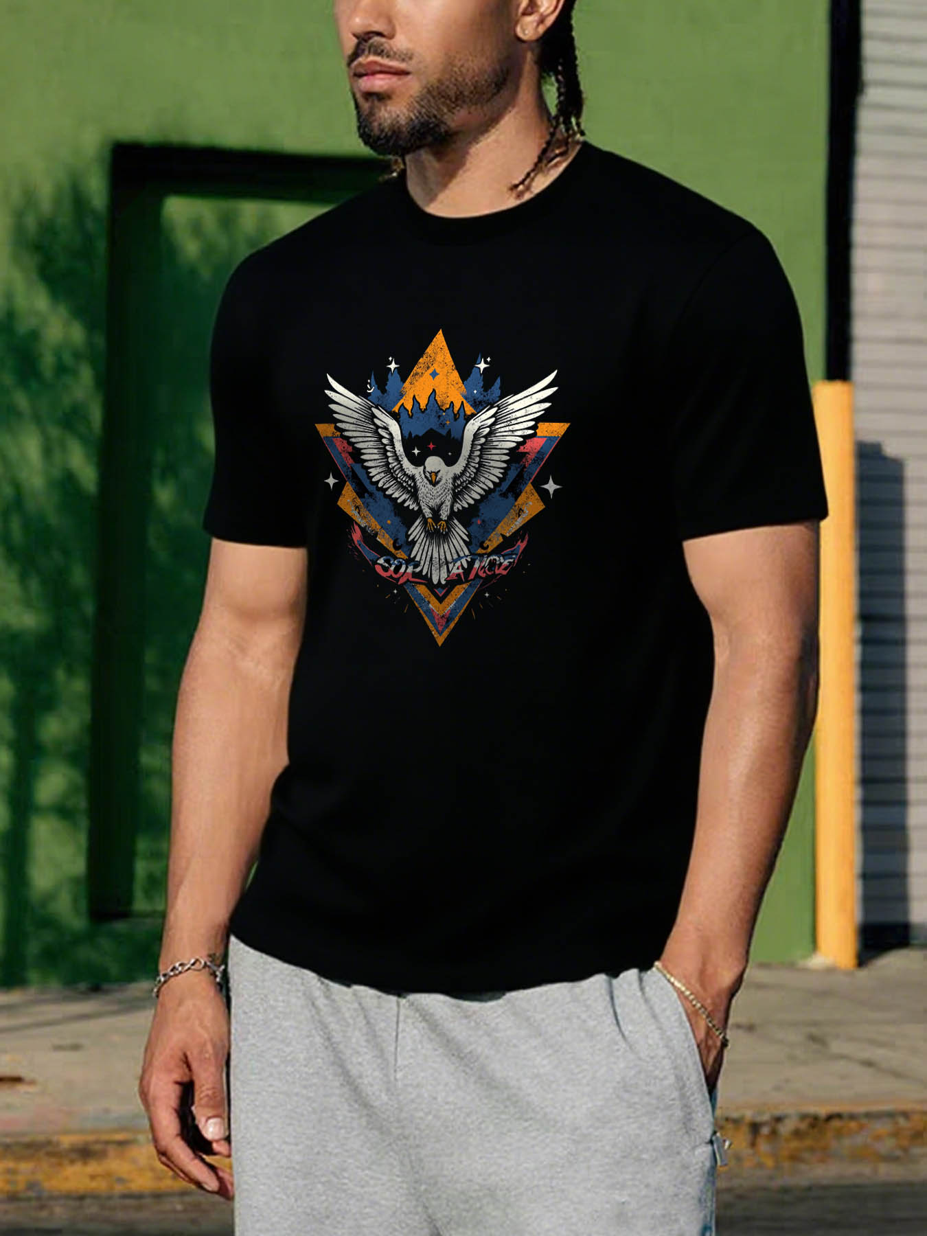 RTTMALL Caribbean Island Beach Casual Printed Cotton Men's T-Shirt with Victory Eagle Wing Pattern