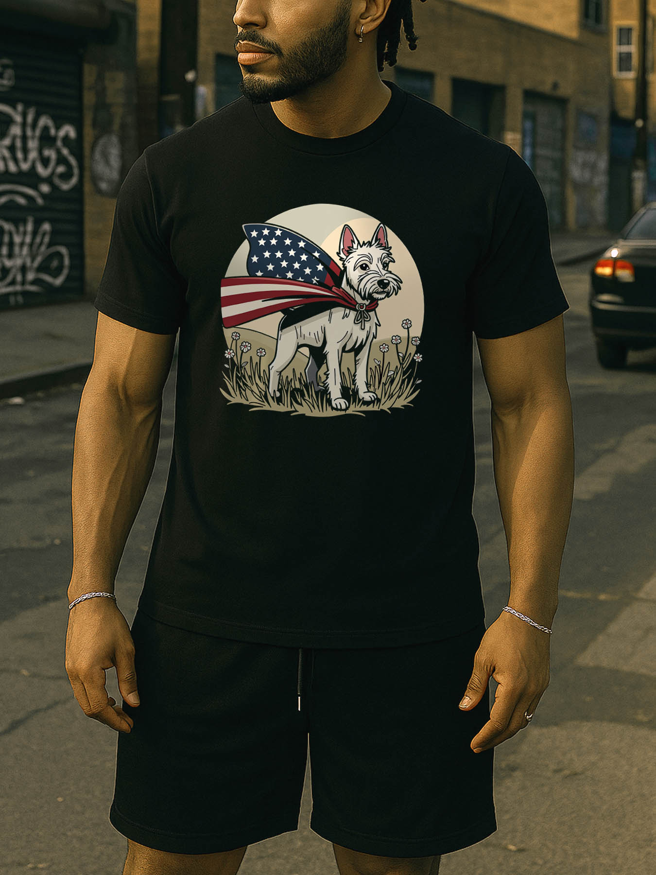 RTTMALL Caribbean Island Vacation Printed Casual Cotton T-Shirt for Men Featuring West Highland White Terrier & American Spirit Patriotic Flag Designs