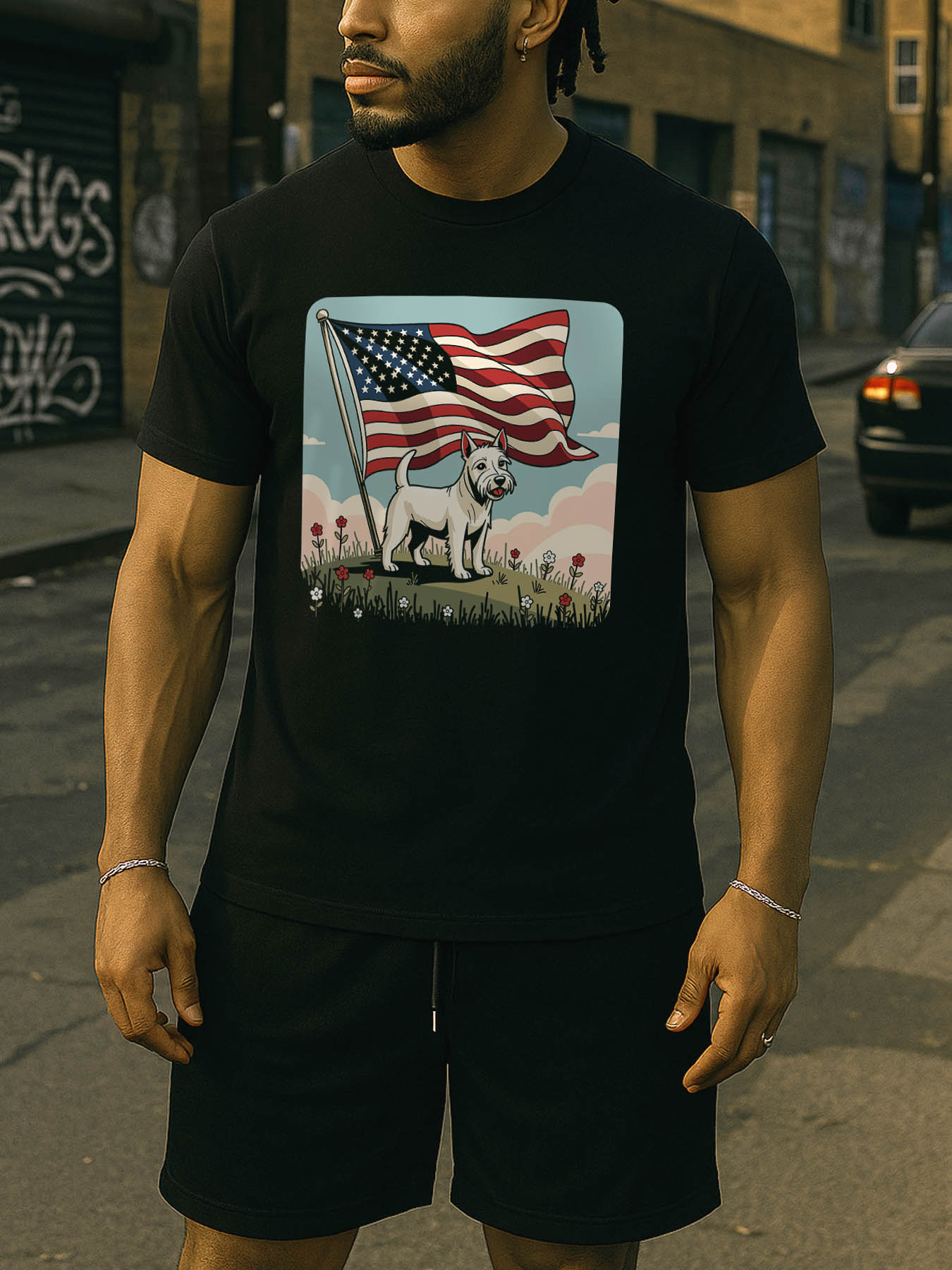 RTTMALL Caribbean Island Vacation Printed Casual Cotton T-Shirt for Men Featuring West Highland White Terrier & American Spirit Patriotic Flag Designs