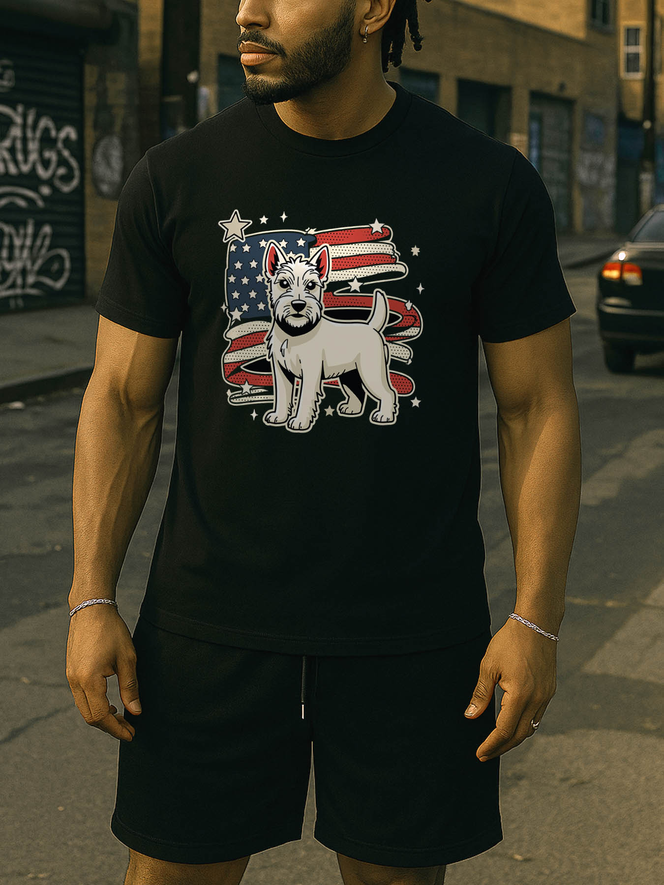 RTTMALL Caribbean Island Vacation Printed Casual Cotton T-Shirt for Men Featuring West Highland White Terrier & American Spirit Patriotic Flag Designs