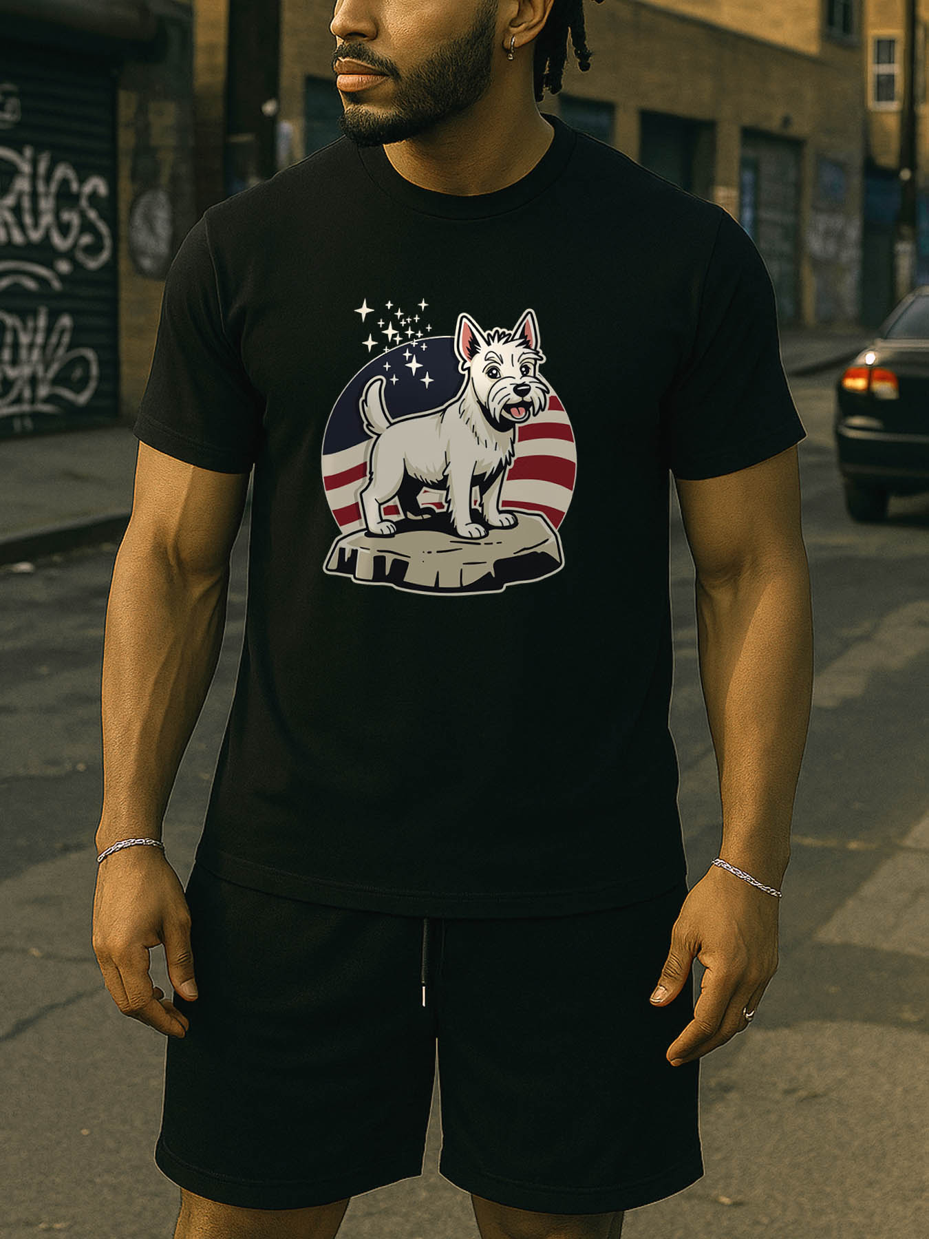 RTTMALL Caribbean Island Vacation Printed Casual Cotton T-Shirt for Men Featuring West Highland White Terrier & American Spirit Patriotic Flag Designs