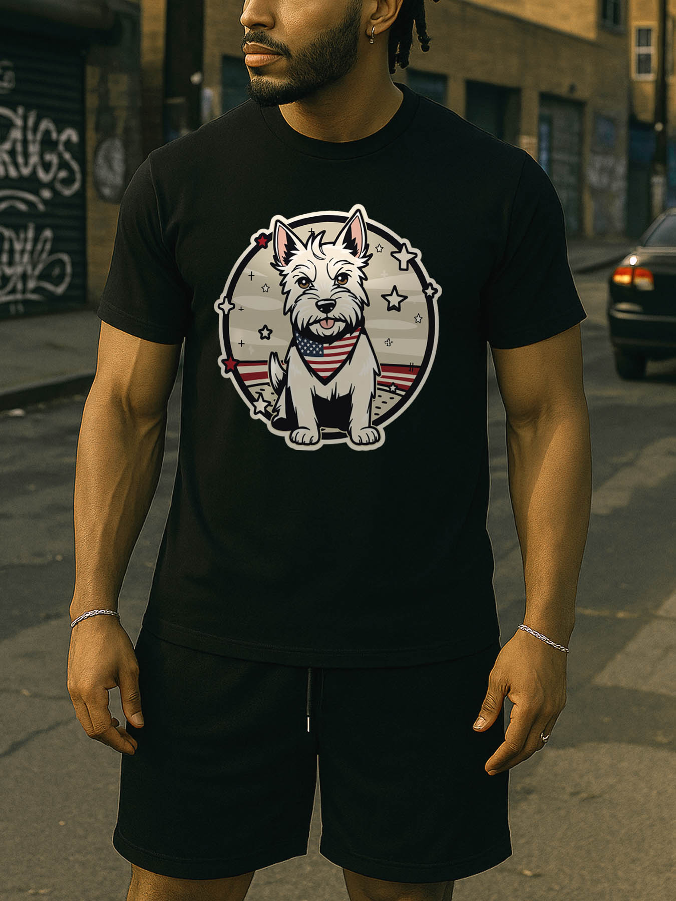 RTTMALL Caribbean Island Vacation Printed Casual Cotton T-Shirt for Men Featuring West Highland White Terrier & American Spirit Patriotic Flag Designs