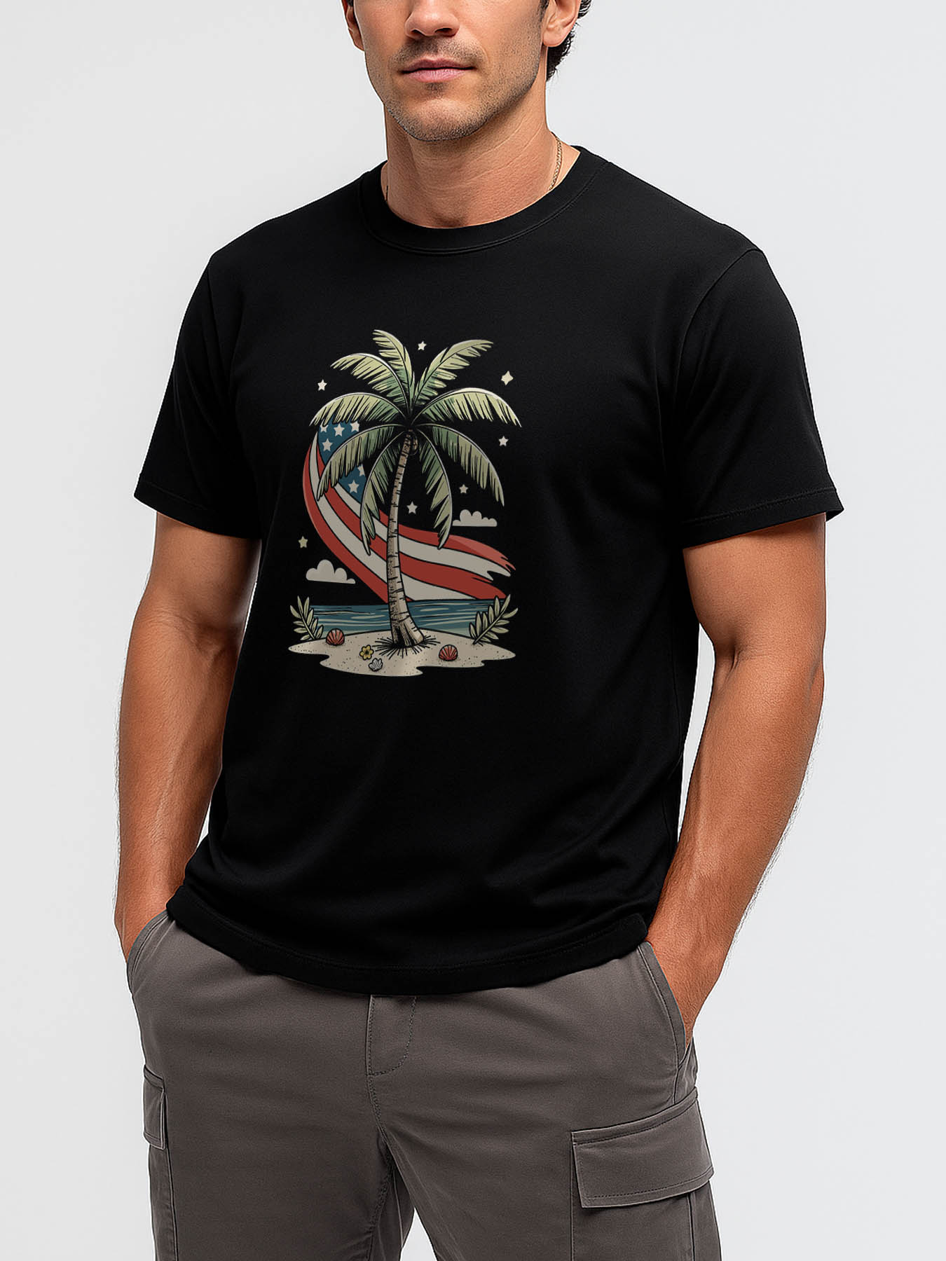 RTTMALL Palm Tree Print Men's 100% Cotton Casual T-Shirt for Caribbean Beach & Island Summer Wear