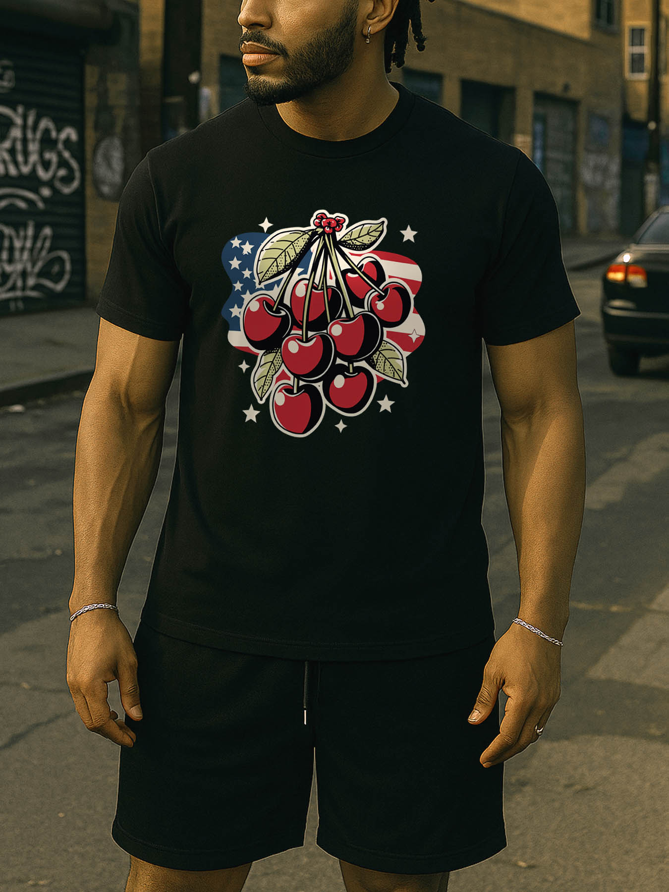 RTTMALL Printed Cotton T-Shirts for Men, Caribbean Island Beach Summer Casual Tee with American Flag & Cherry Theme Prints