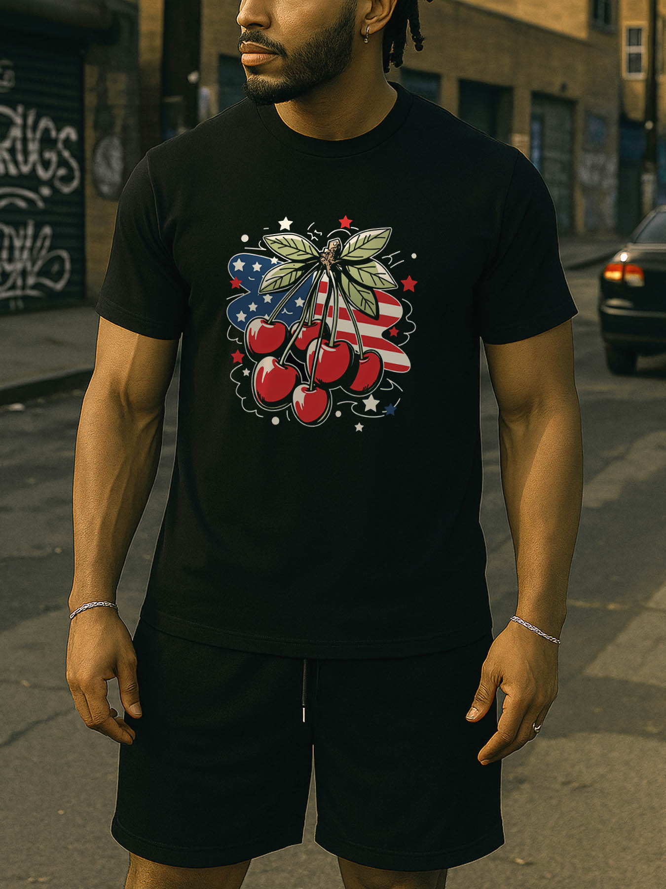 RTTMALL Printed Cotton T-Shirts for Men, Caribbean Island Beach Summer Casual Tee with American Flag & Cherry Theme Prints