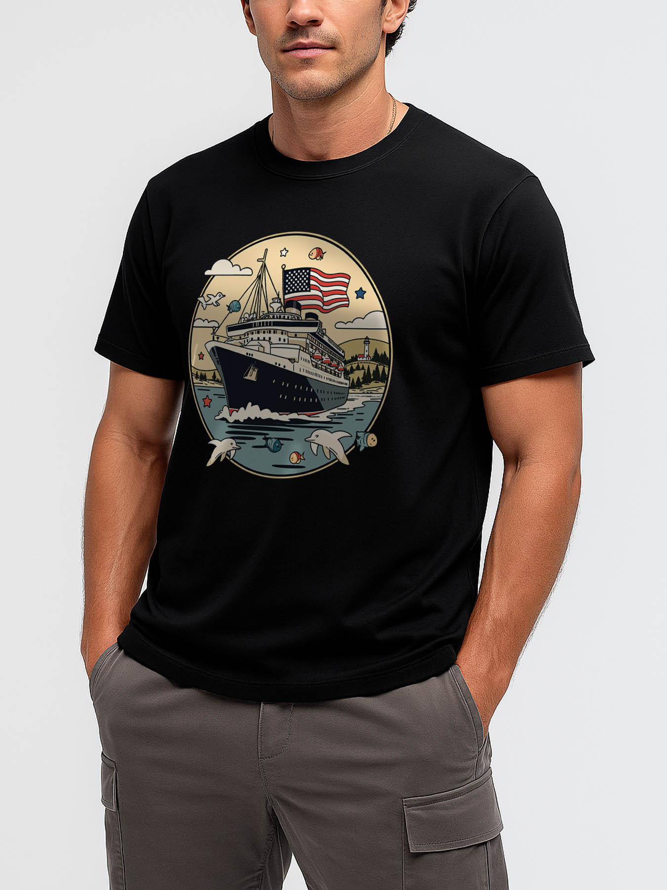 RTTMALL Caribbean Island Beach Casual Horse Print 100% Cotton American Flag Graphic Tee for Men