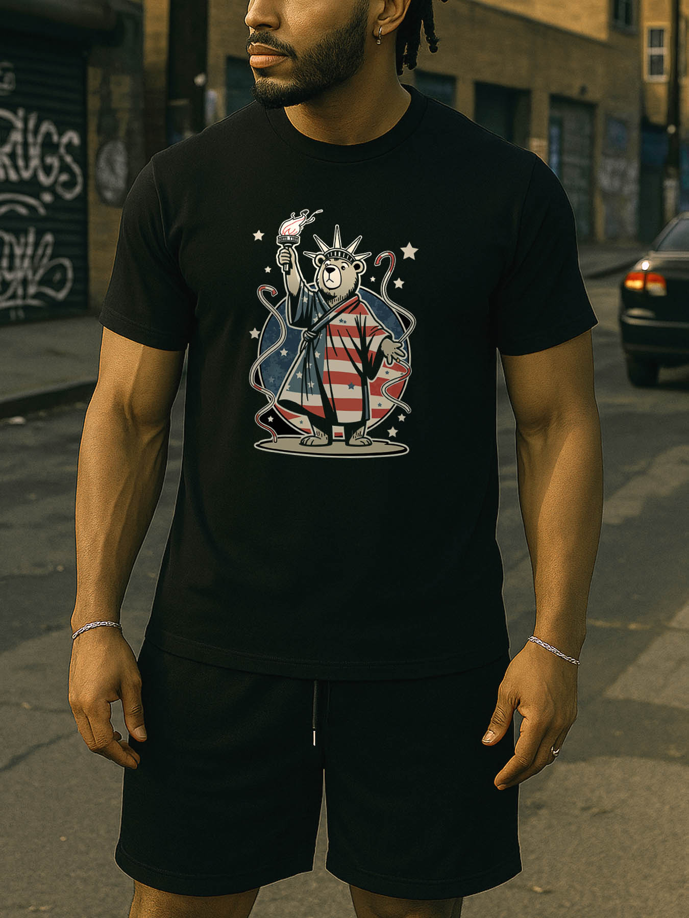 RTTMALL Caribbean Island Beach Casual Printed Men's 100% Cotton T-Shirt with Statue of Liberty & US Flag American Spirit Graphic