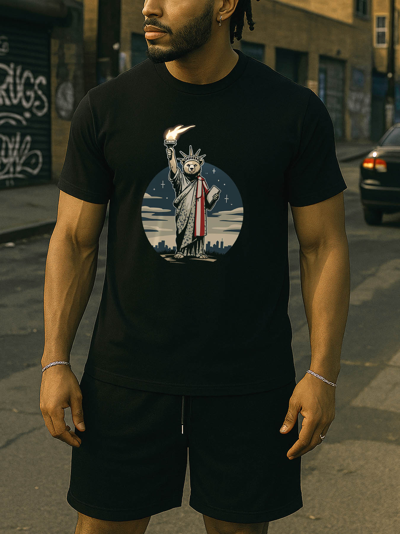 RTTMALL Caribbean Island Beach Casual Printed Men's 100% Cotton T-Shirt with Statue of Liberty & US Flag American Spirit Graphic
