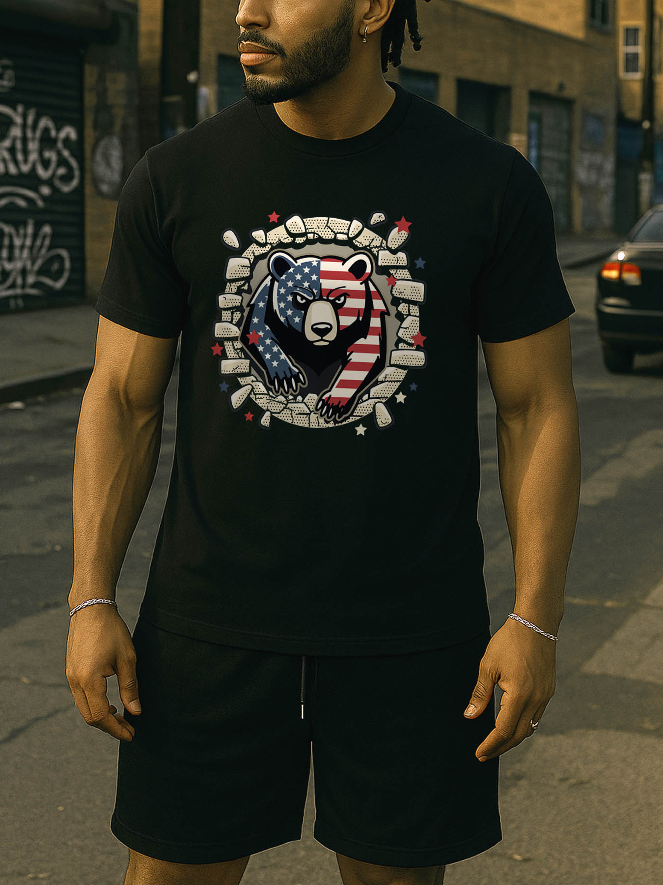 Men's 100% Cotton Caribbean RTTMALL Skull Print T-Shirt, Casual Summer Beach Island Tee with USA Flag Graphic