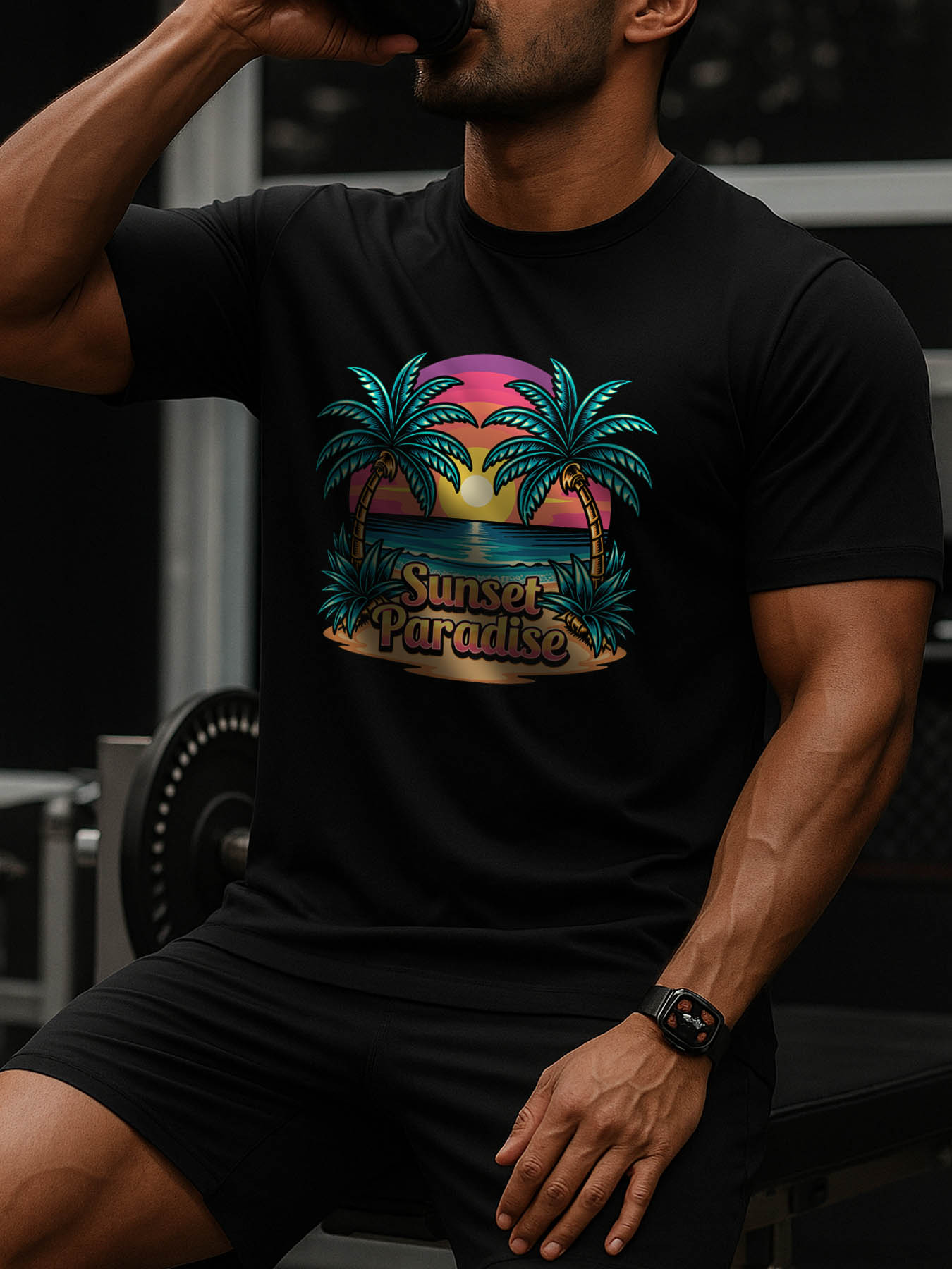 Men's RTTMALL Graphic Tee, Caribbean Island Beach Palm Tree Sunset Print 100% Cotton Casual Summer T-Shirt