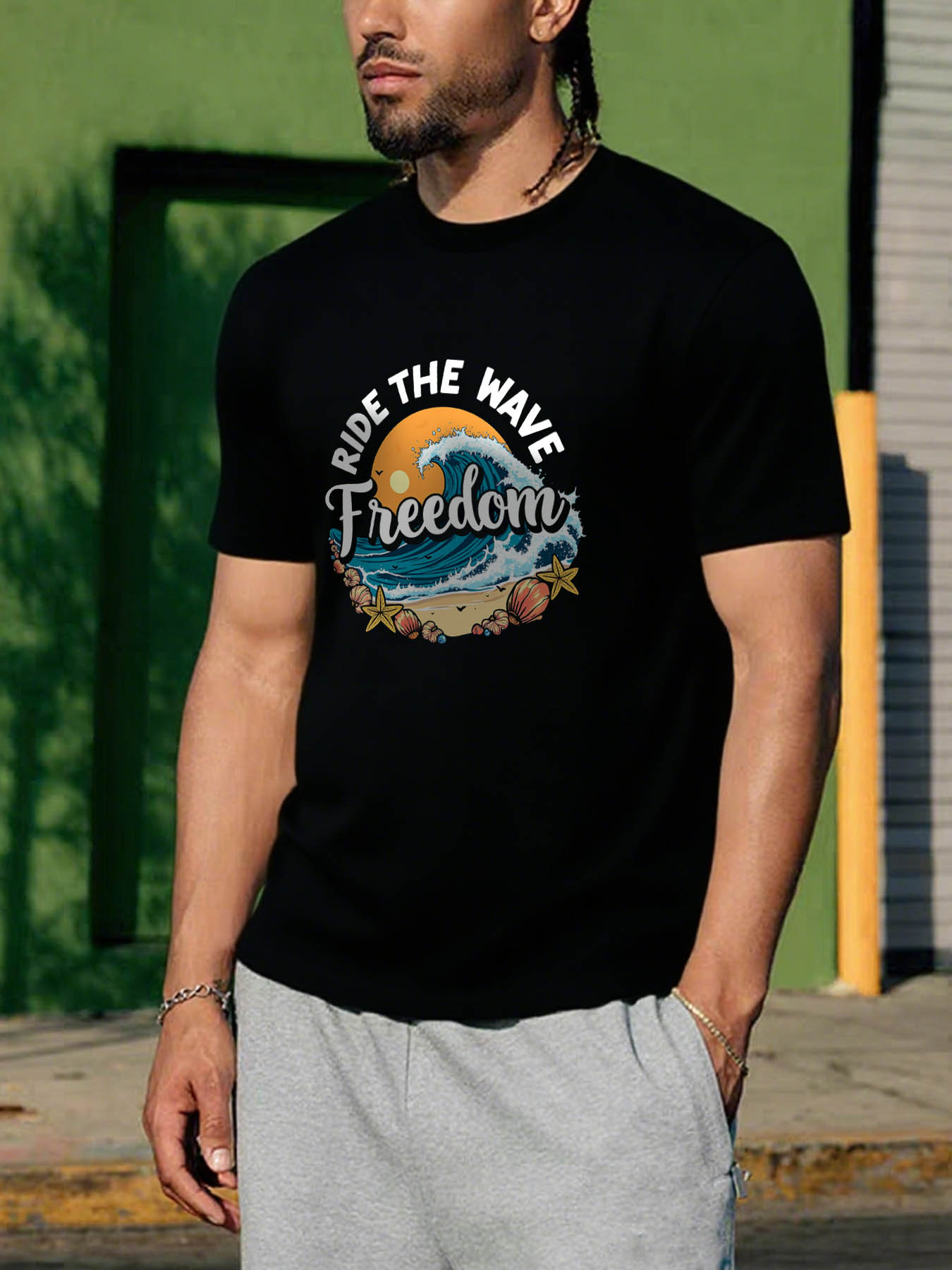 RTTMALL Caribbean Island Beach Casual Printed 100% Cotton T-Shirts for Men with Coastal Logo Graphic