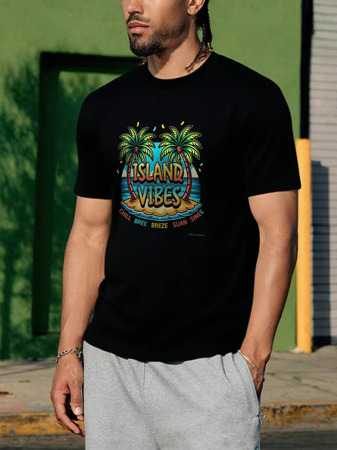RTTMALL Caribbean Vacation Beach Casual Printed Cotton T-Shirts for Men with Letter & Palm Tree Graphic, Machine Washable