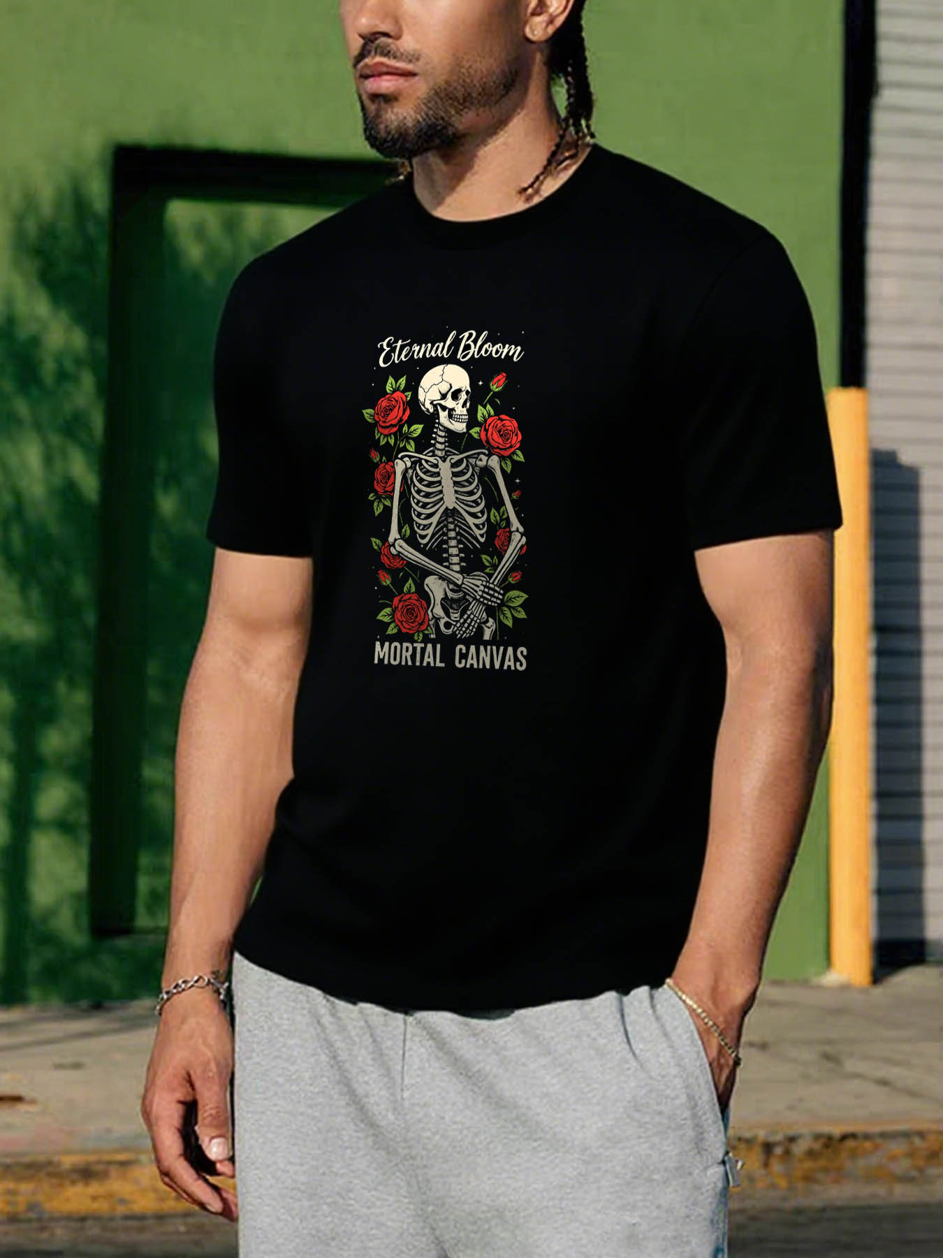 RTTMALL Caribbean Island Beach Casual Printed Cotton T-Shirts for Men with Skeleton Rose Art Print