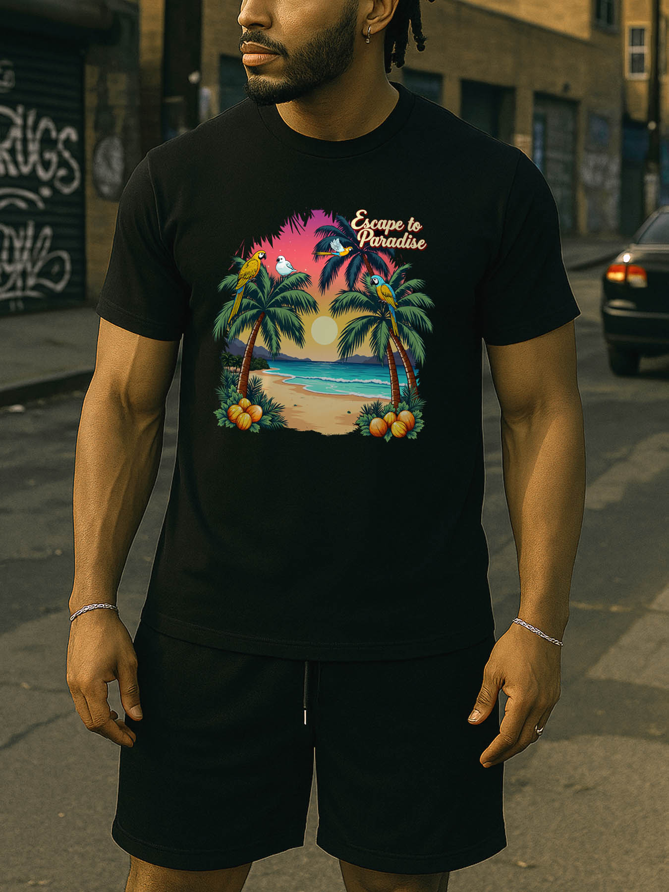 RTTMALL Caribbean Island Beach Casual Printed Regular-Fit 100% Cotton Machine-Washable Men's T-Shirt